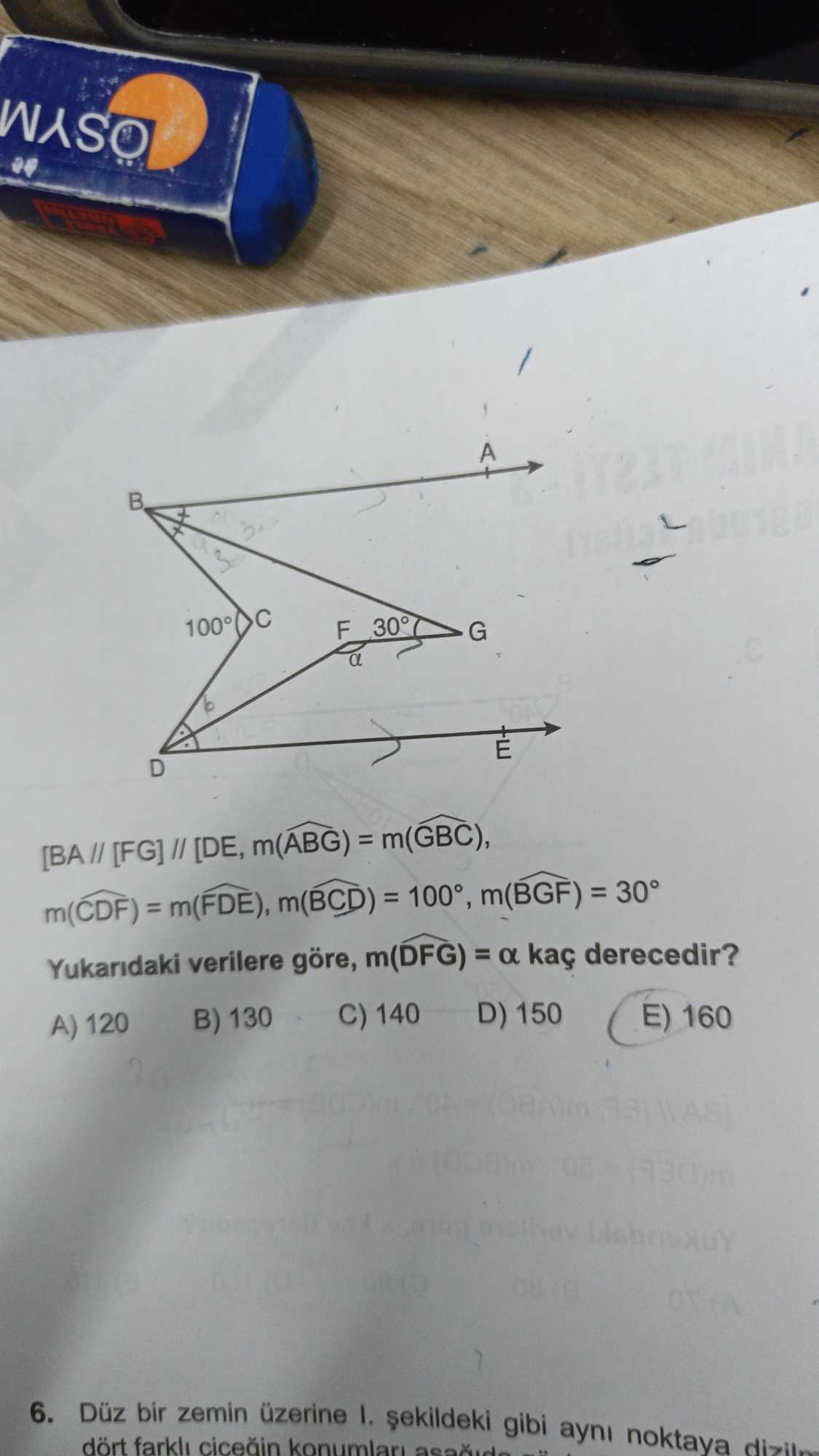 , [FG] ve [DE] paralel doğrular, çeşitli açılar ve kesişen doğrular içeriyor. C noktasında 100°, F
