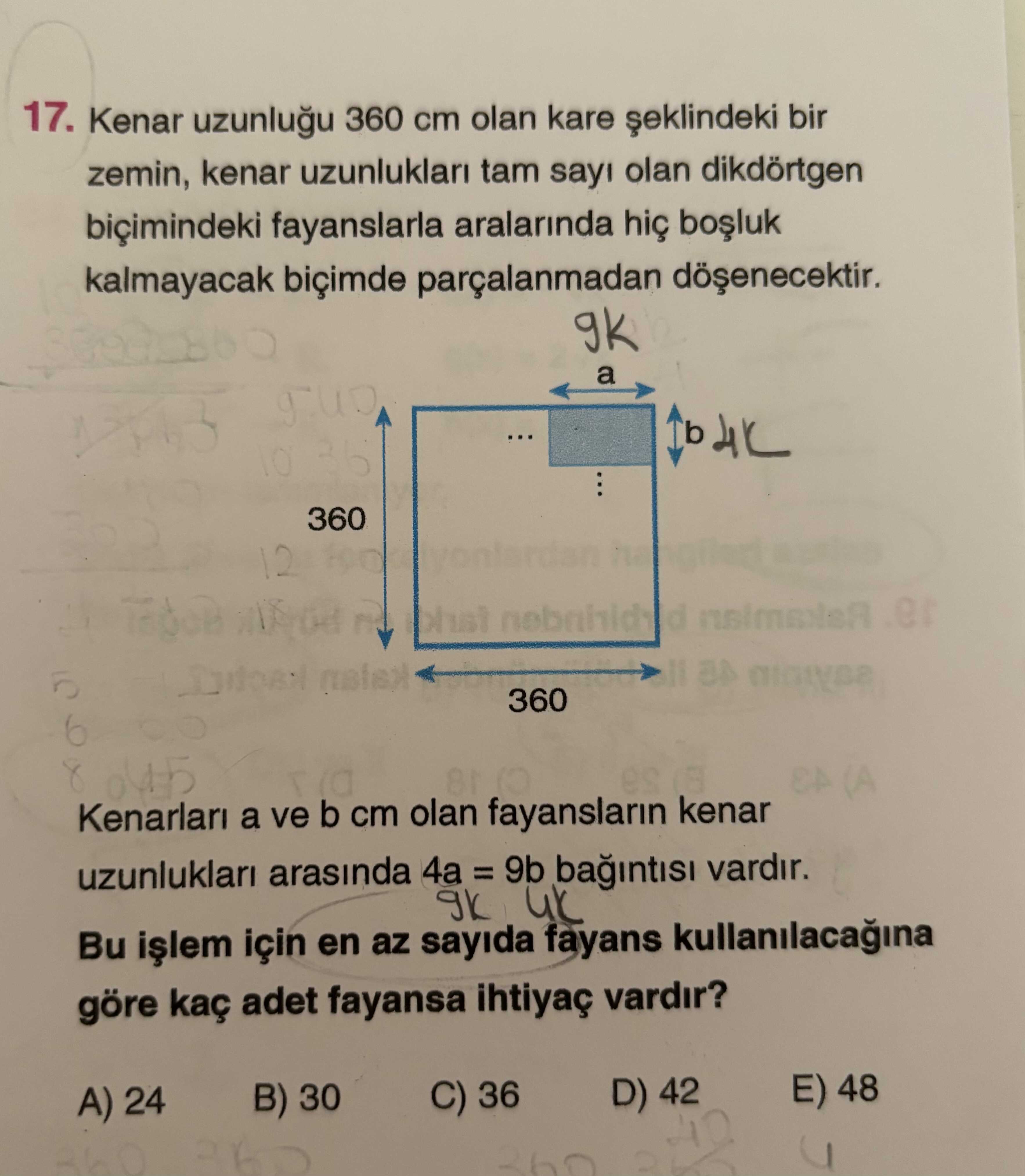 Kenar uzunluğu 360 cm olan kare şeklindeki bir zemin, kenar uzunlukları tam sayı olan dikdörtgen