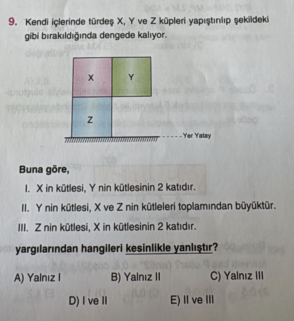 Kendi içlerinde türdeş X, Y ve Z küpleri yapıştırılıp şekildeki gibi bırakıldığında dengede kalıyor