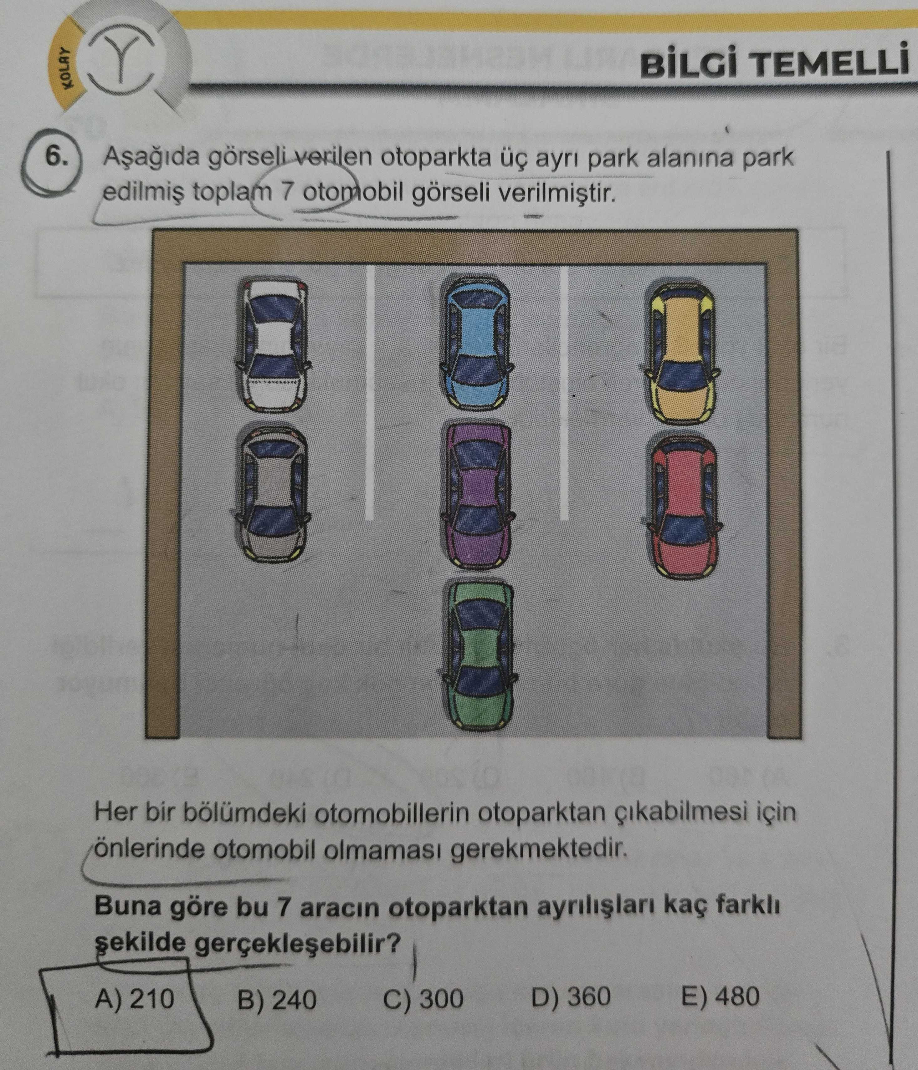 Aşağıda görseli verilen otoparkta üç ayrı park alanına park edilmiş toplam 7 otomobil görseli