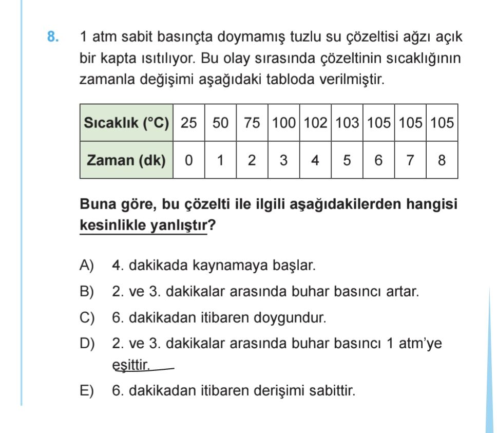 1 atm sabit basınçta doymamış tuzlu su çözeltisi ağzı açık bir kapta ısıtılıyor. Bu olay sırasında