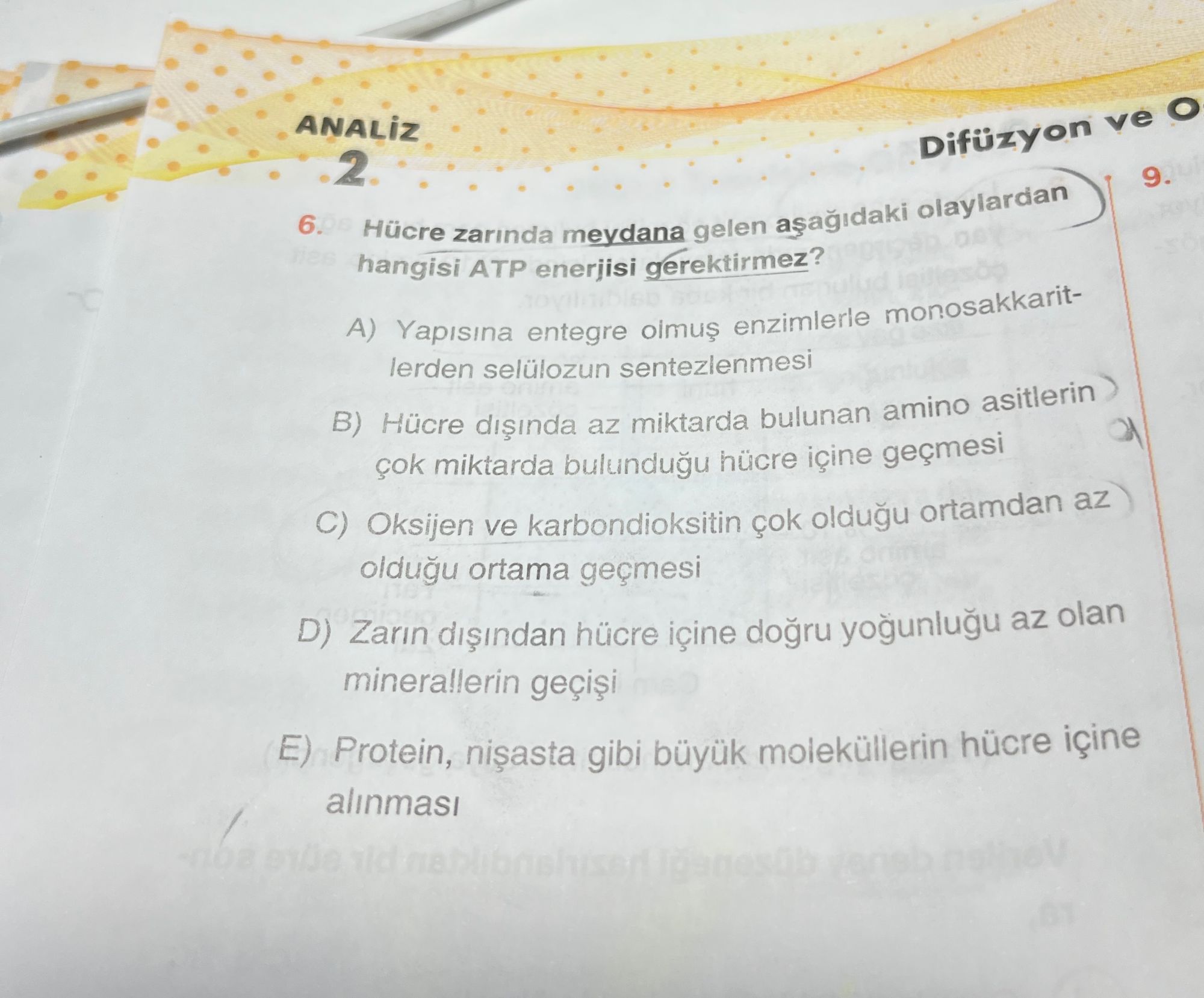 Hücre zarında meydana gelen aşağıdaki olaylardan hangisi ATP enerjisi gerektirmez?
