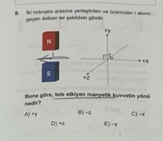 İki mıknatıs arasına yerleştirilen ve üzerinden i akımı geçen iletken tel şekildeki gibidir. Buna