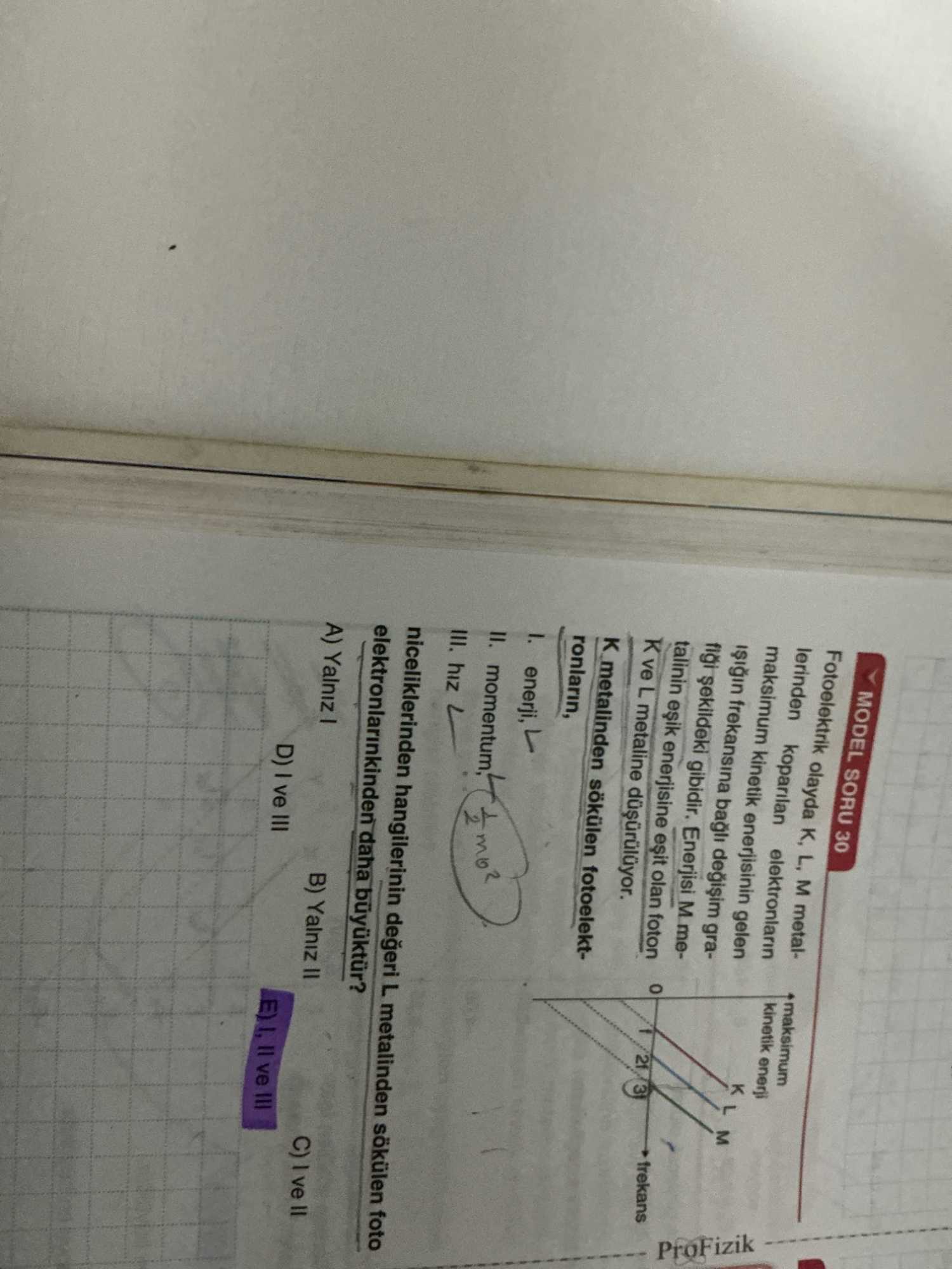 MODEL SORU 30 Fotoelektrik olayda K, L, M metallerinden kopan elektronların maksimum kinetik
