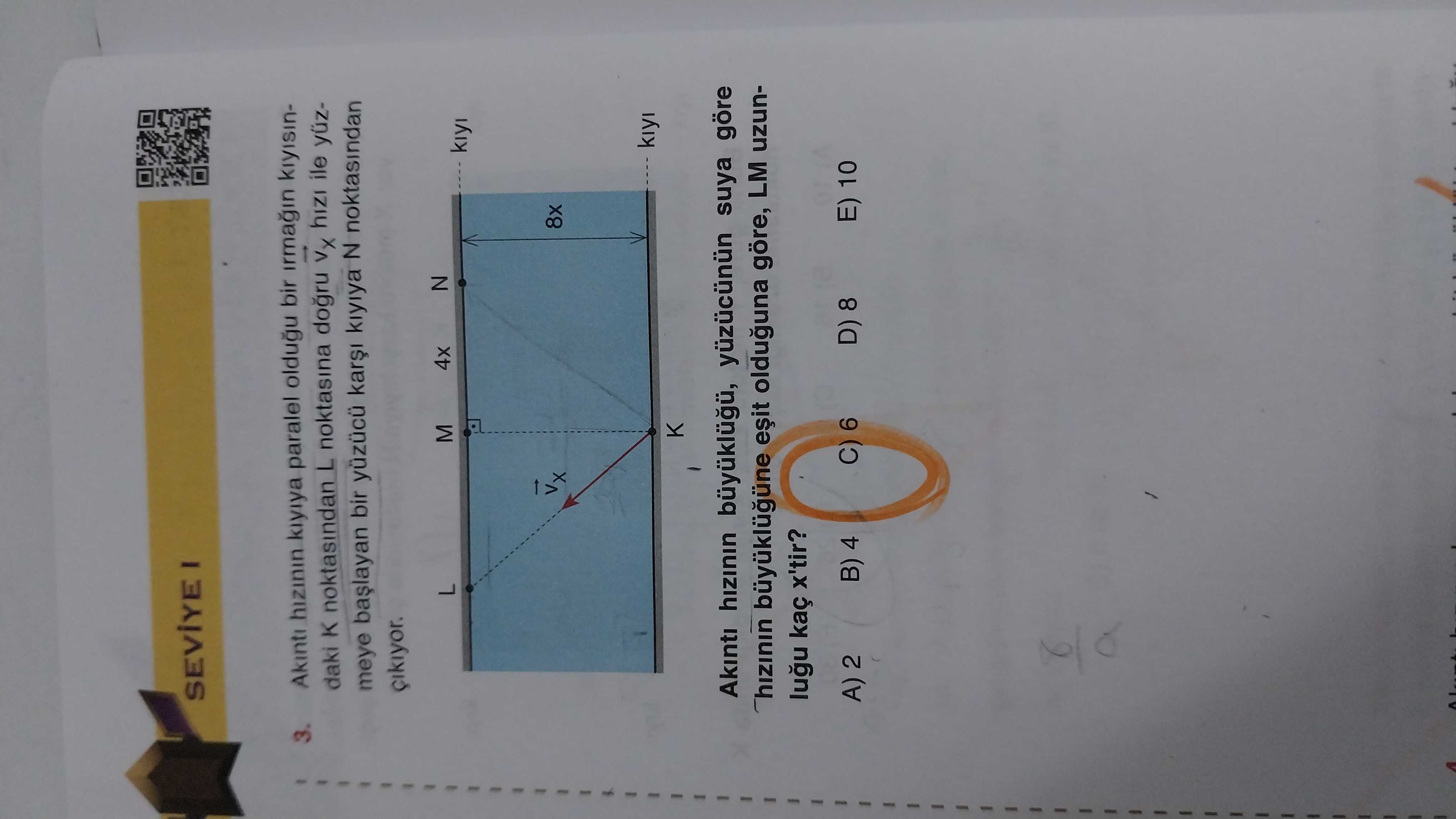 Akıntı hızının kıyıya paralel olduğu bir ırmağın kıyısındaki K noktasından L noktasına doğru vₓ hızı