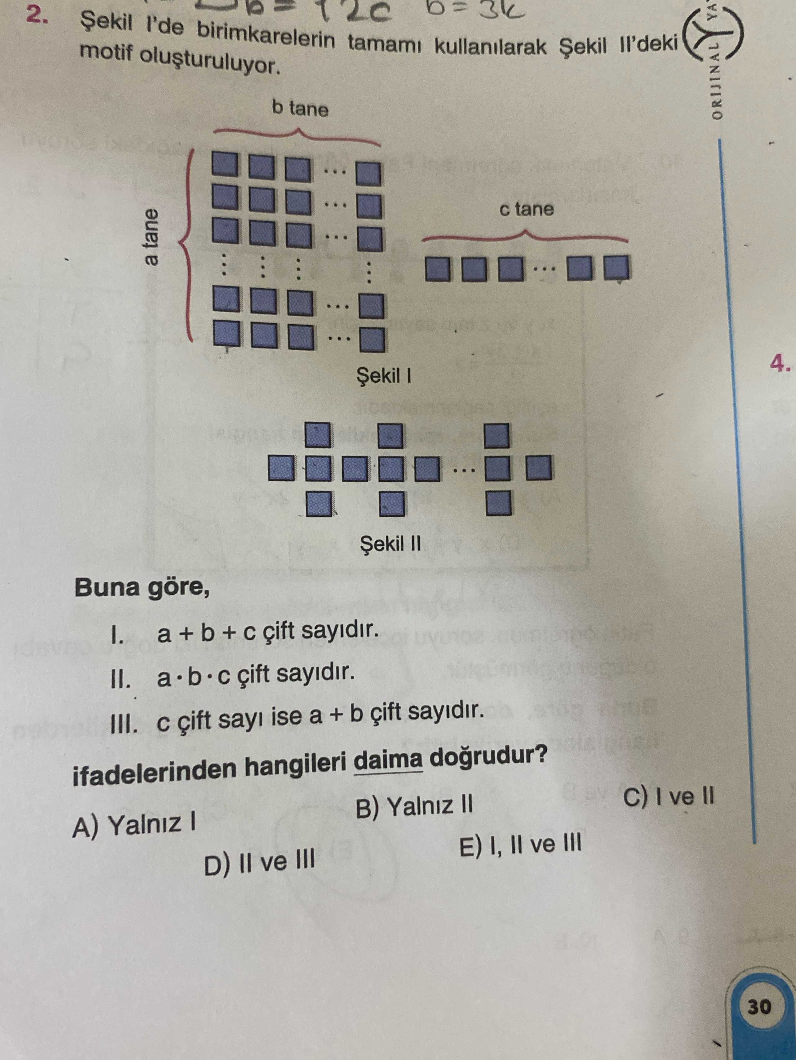 Şekil I'de birimkarelerin tamamı kullanılarak Şekil II'deki motif oluşturuluyor. Buna göre, I. a + b
