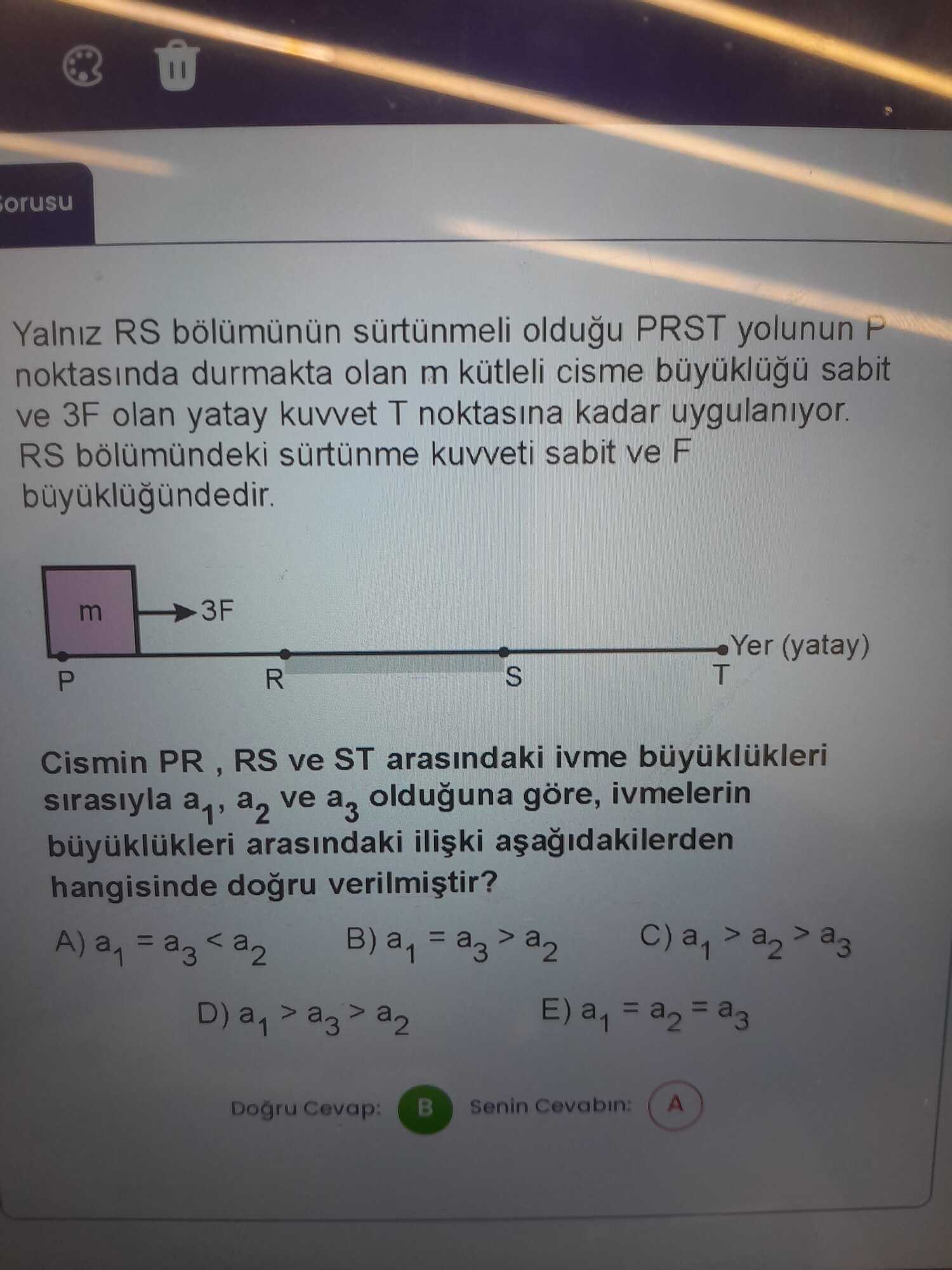 Yalnız RS bölümünün sürtünmeli olduğu PRST yolunun P noktasında durmakta olan m kütleli cisme