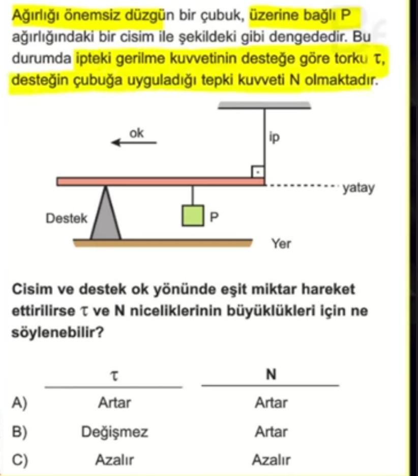 Ağırlığı önemsiz düzgün bir çubuk, üzerine bağlı P ağırlığındaki bir cisim ile şekildeki gibi