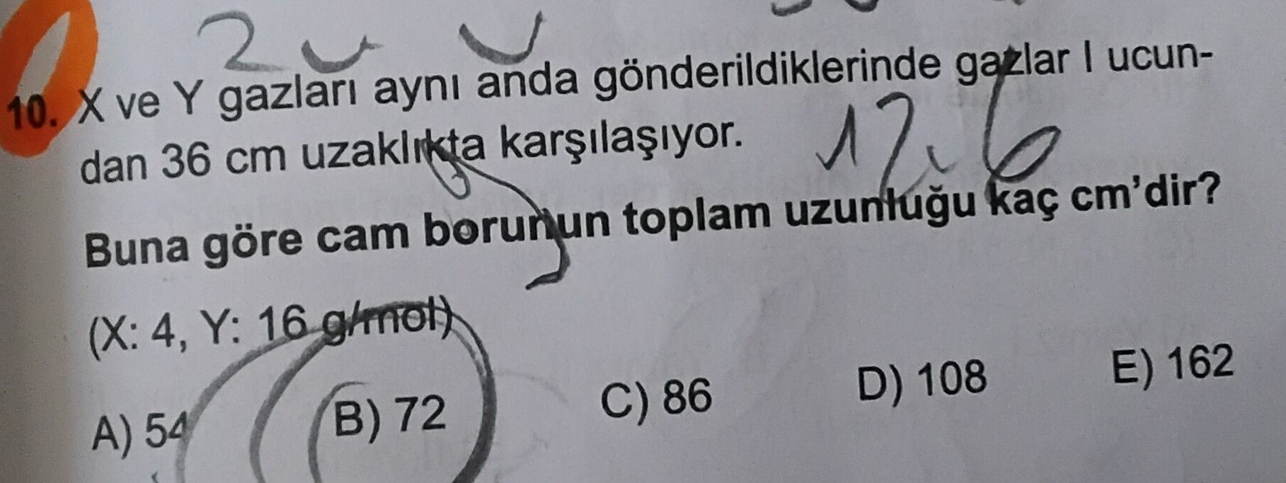 X ve Y gazları aynı anda gönderildiklerinde gazlar I ucundan 36 cm uzaklıkta karşılaşıyor. Buna göre