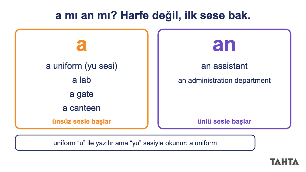 a ve an kullanımı: a uniform, a lab, a gate ile an assistant, an administration department karşılaştırması