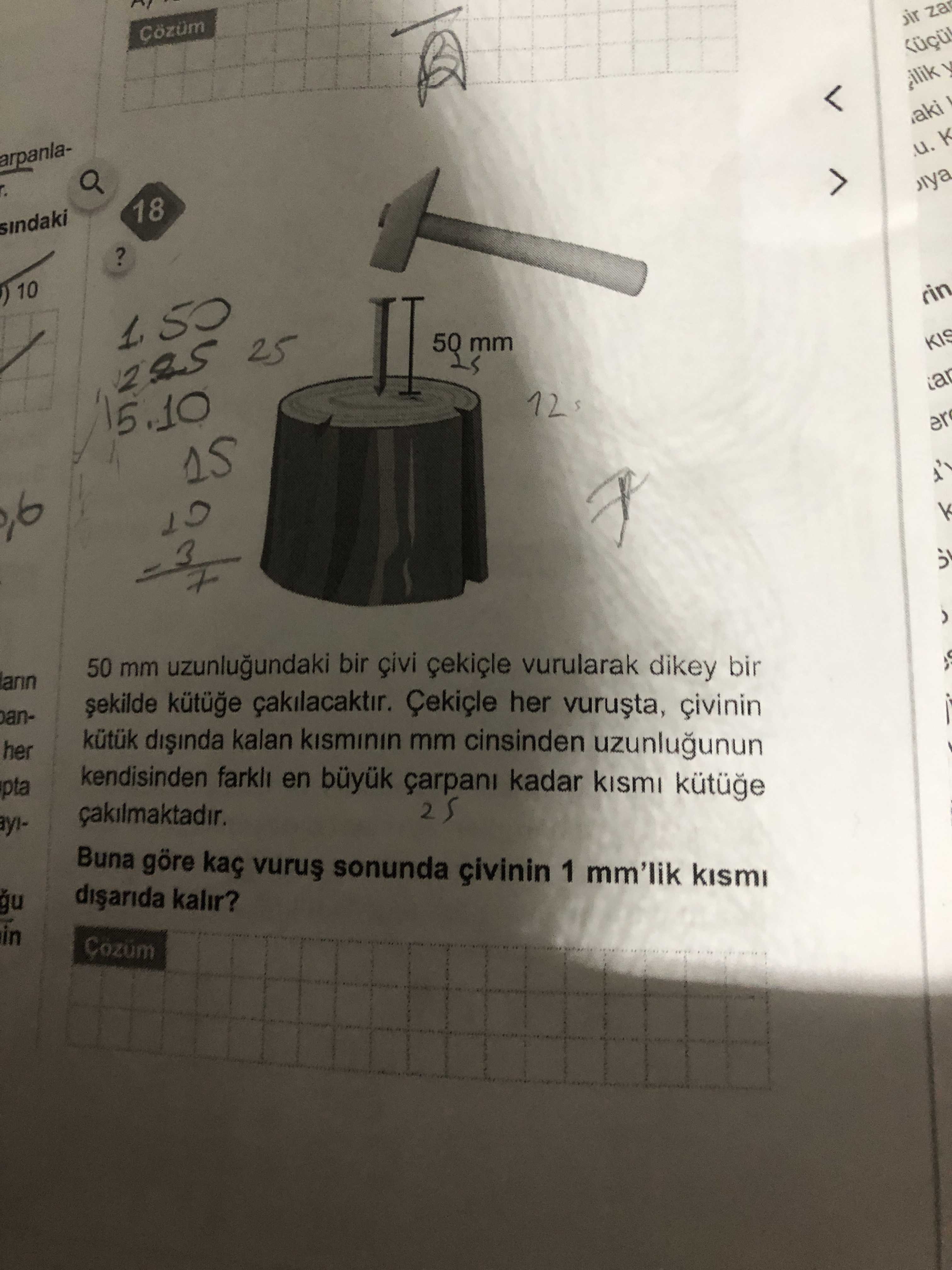 50 mm uzunluğundaki bir çivi çekiçle vurularak dikey bir şekilde kütüğe çakılacaktır. Çekiçle her