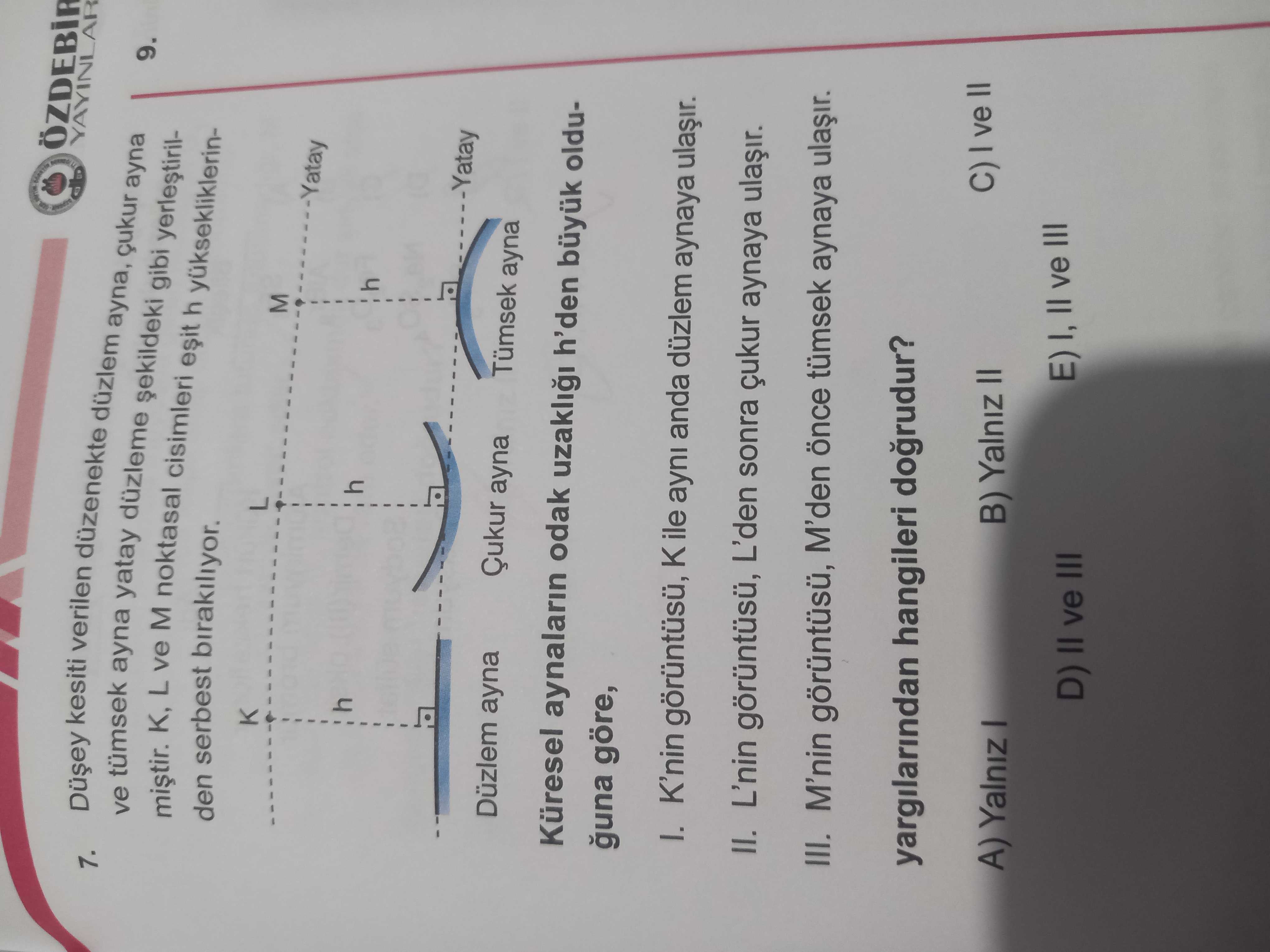 Düşey kesiti verilen düzenekte düzlem ayna, çukur ayna ve tümsek ayna yatay düzleme şekildeki gibi