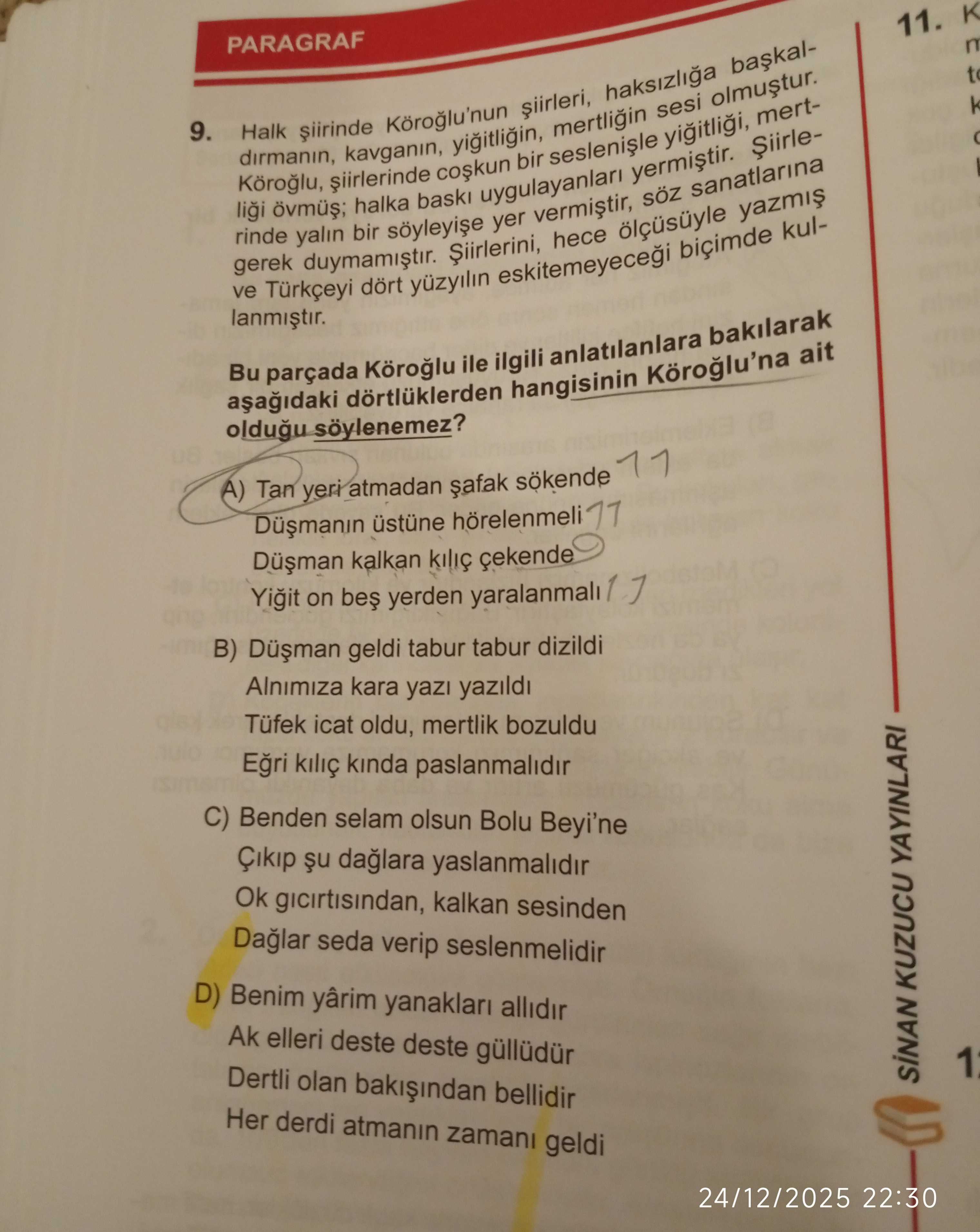PARAGRAF 9. Halk şiirinde Köroğlu'nun şiirleri, haksızlığa başkaldırmanın, kavganın, yiğitliğin