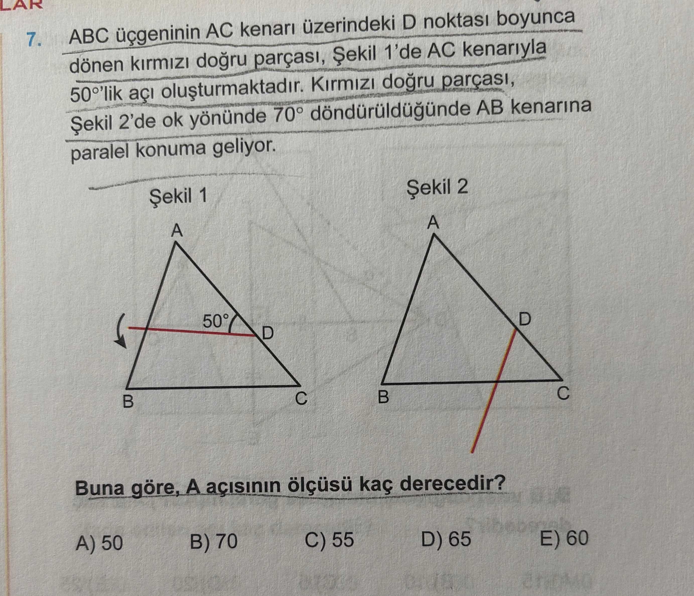 ABC üçgeninin AC kenarı üzerindeki D noktası boyunca dönen kırmızı doğru parçası, Şekil 1'de AC