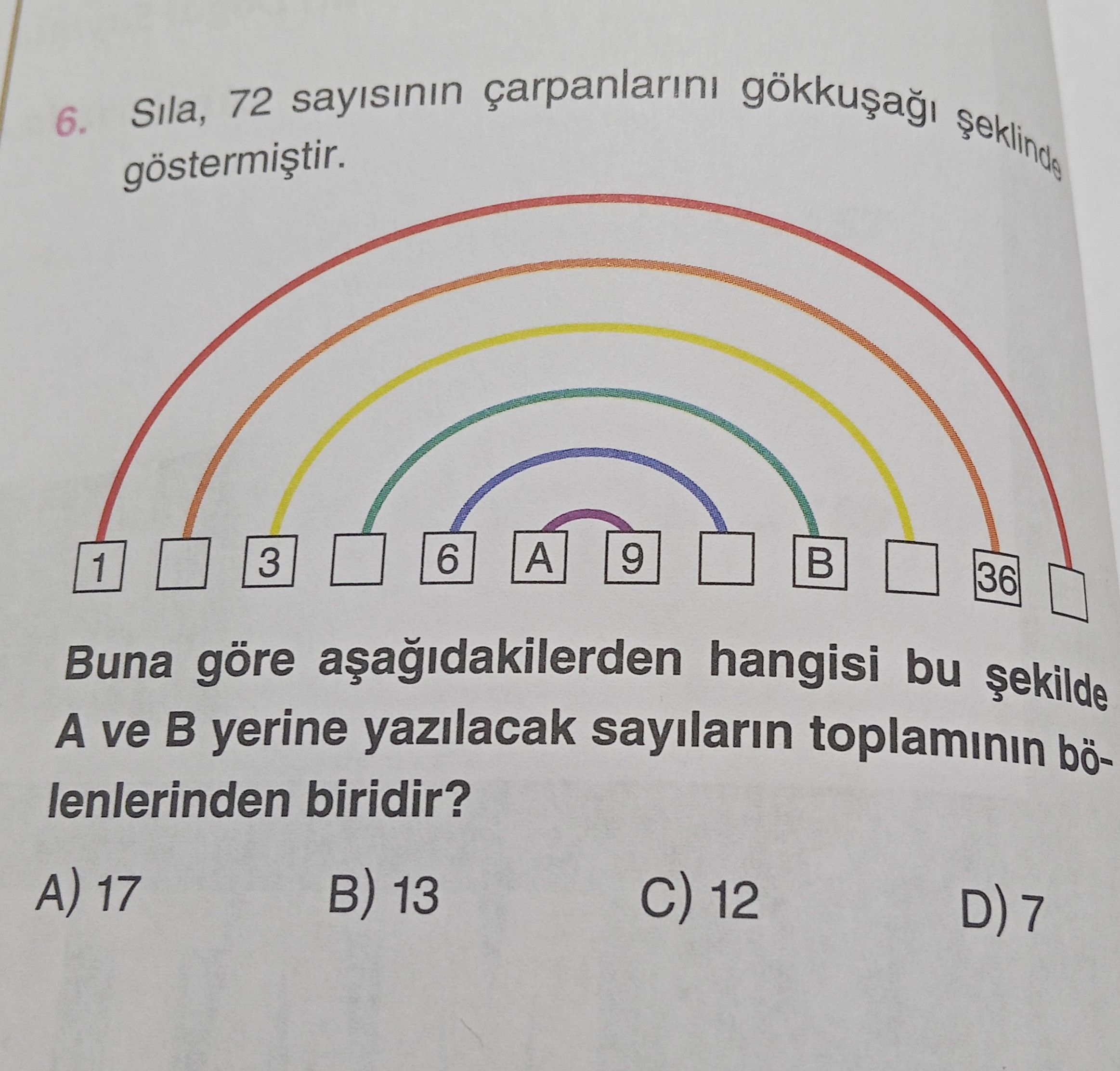 Sıla, 72 sayısının çarpanlarını gökkuşağı şeklinde göstermiştir. Buna göre aşağıdakilerden hangisi