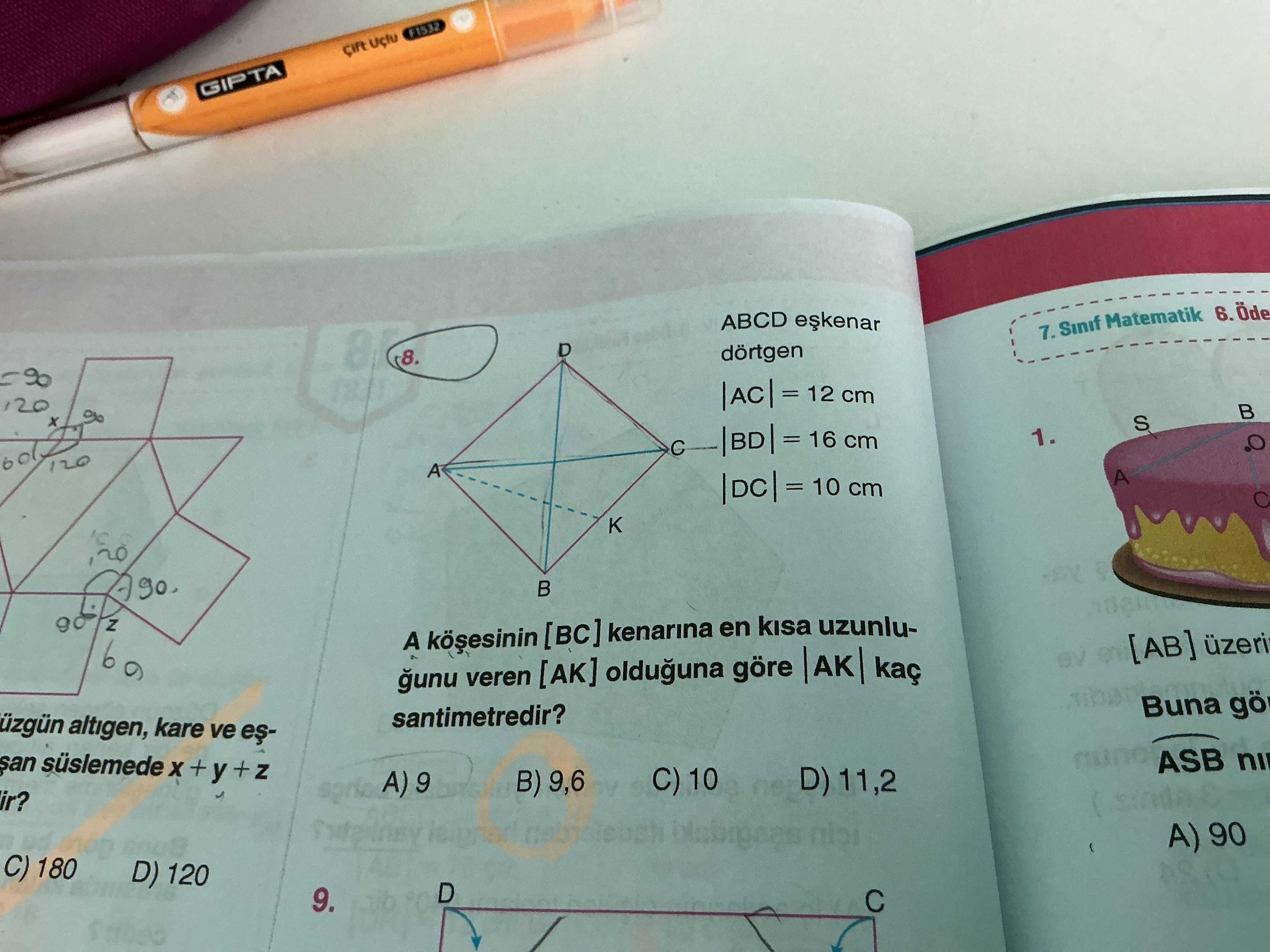 ABCD eşkenar dörtgen |AC| = 12 cm |BD| = 16 cm |DC| = 10 cm A köşesinin [BC] kenarına en kısa