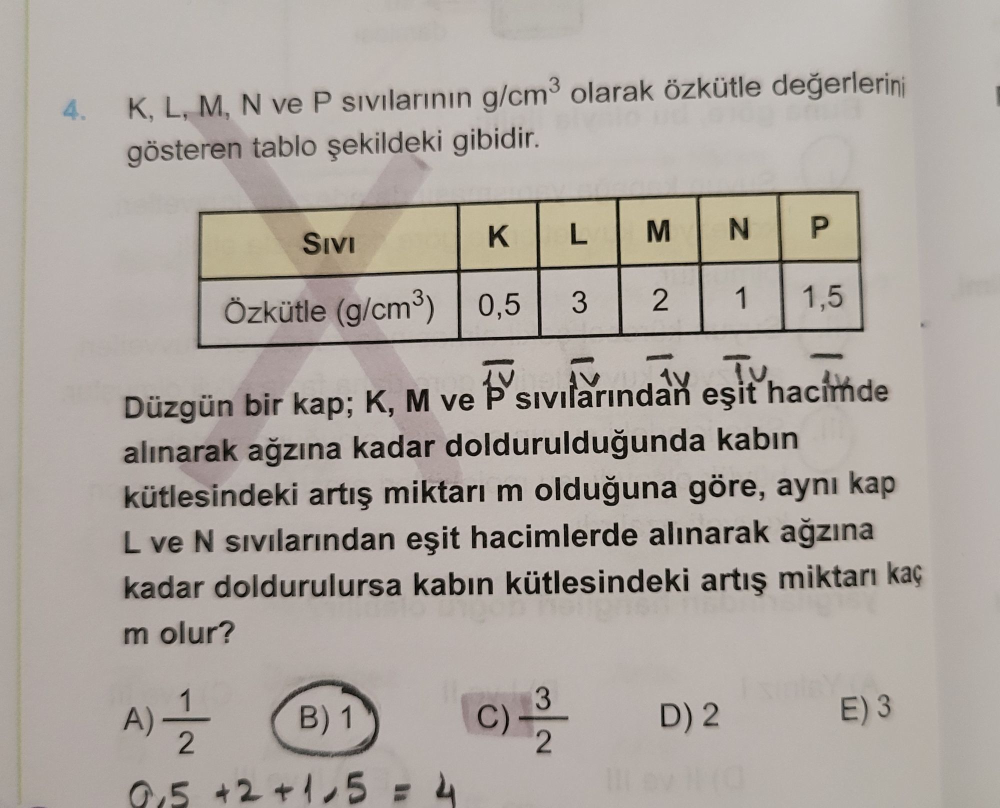 K, L, M, N ve P sıvılarının g/cm³ olarak özkütle değerlerini gösteren tablo şekildeki gibidir. |