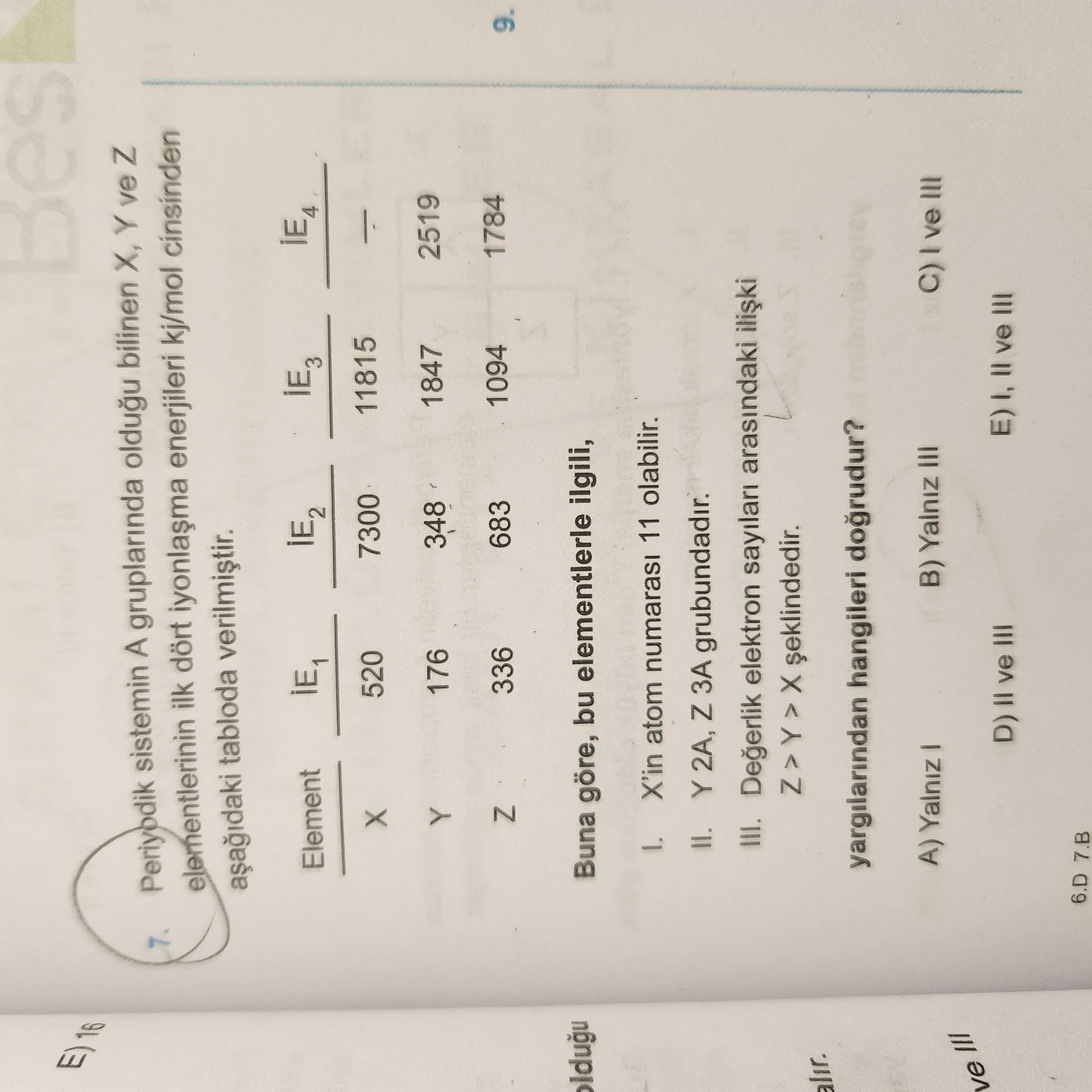 Periyodik sistemin A gruplarında olduğu bilinen X, Y ve Z elementlerinin ilk dört iyonlaşma
