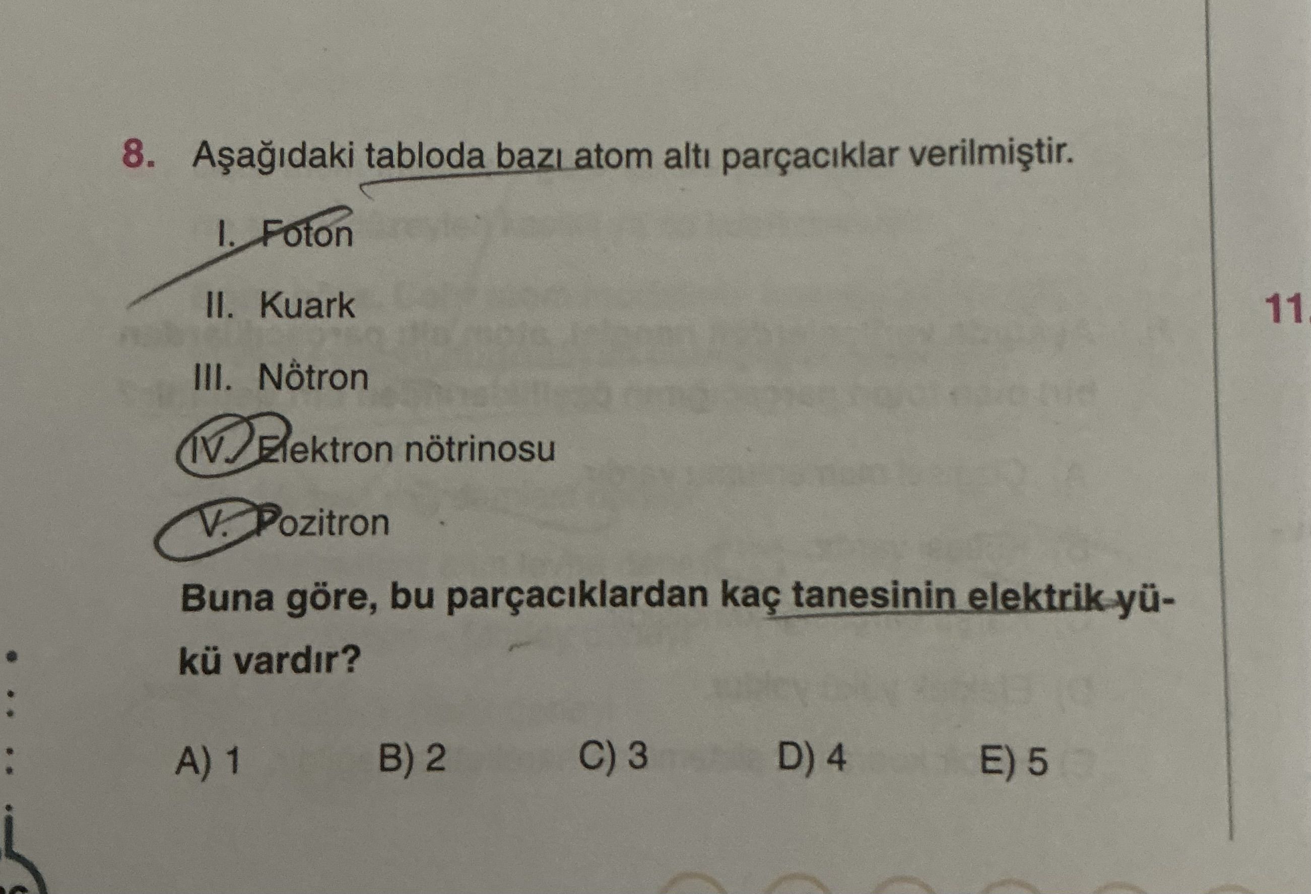 Aşağıdaki tabloda bazı atom altı parçacıklar verilmiştir. I. Foton II. Kuark III. Nötron IV