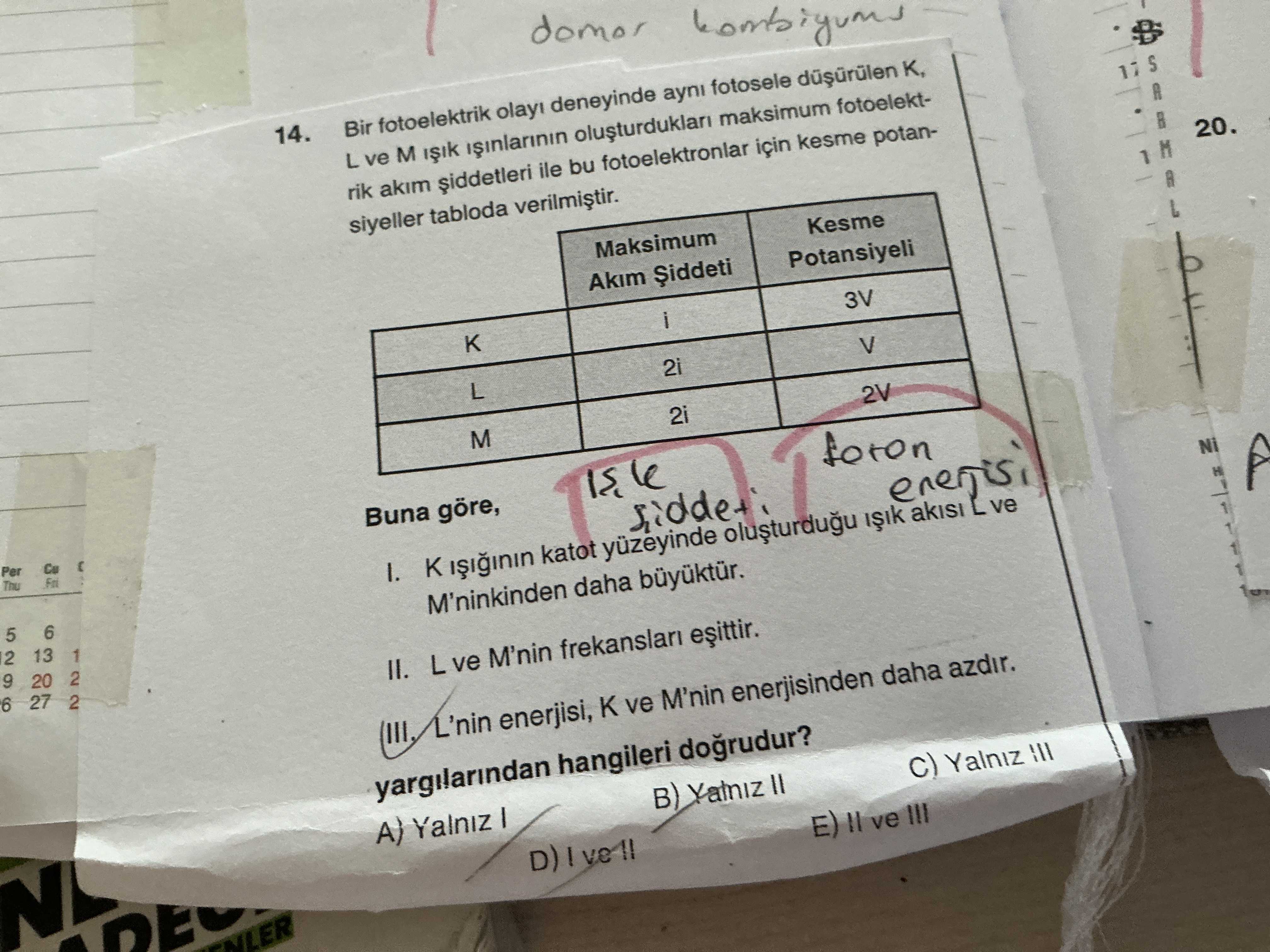 Bir fotoelektrik olayı deneyinde aynı fotosele düşürülen K, L ve M ışık ışınlarının oluşturdukları