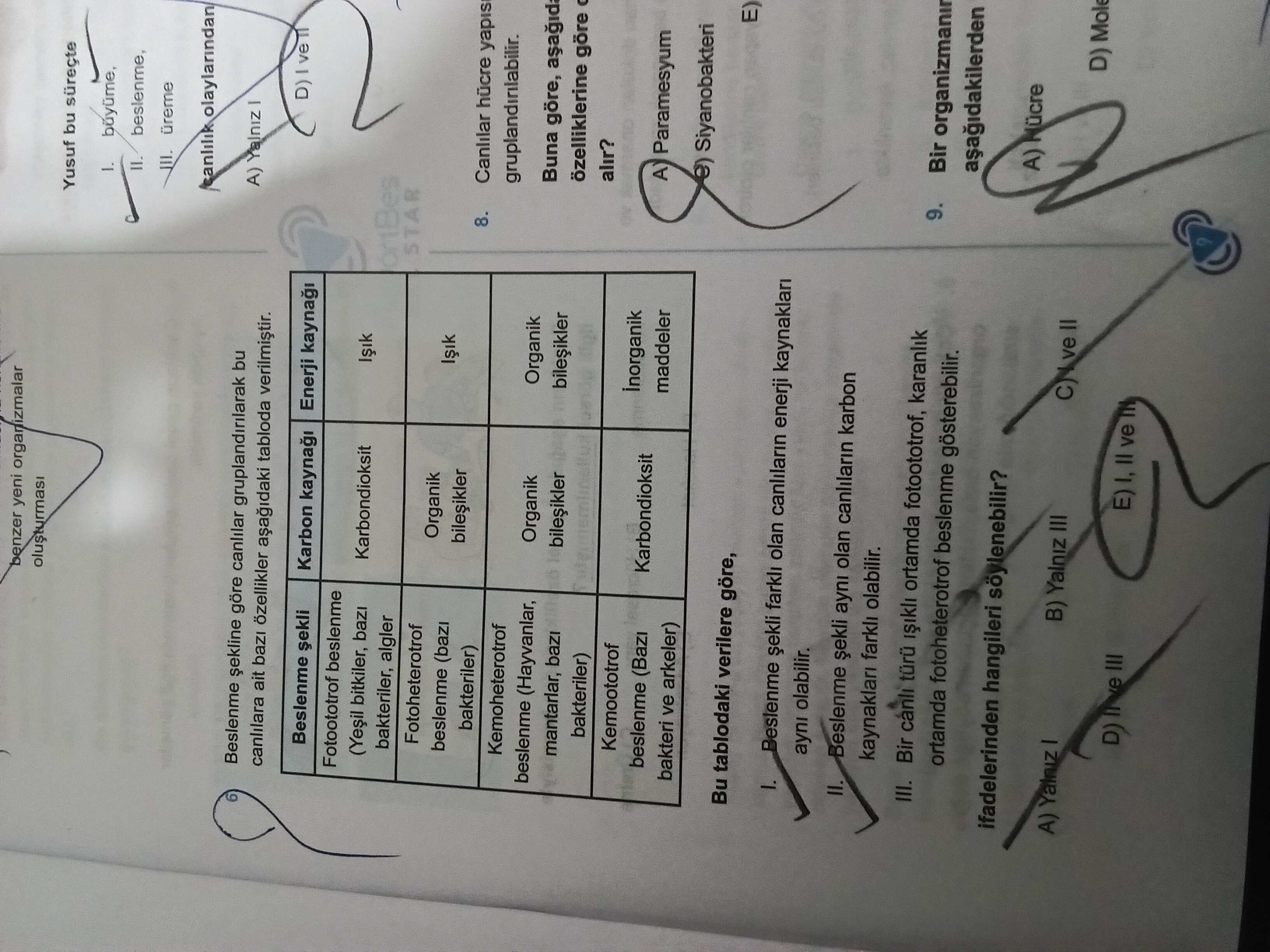Beslenme şekline göre canlılar gruplandırılarak bu canlılara ait bazı özellikler aşağıdaki tabloda