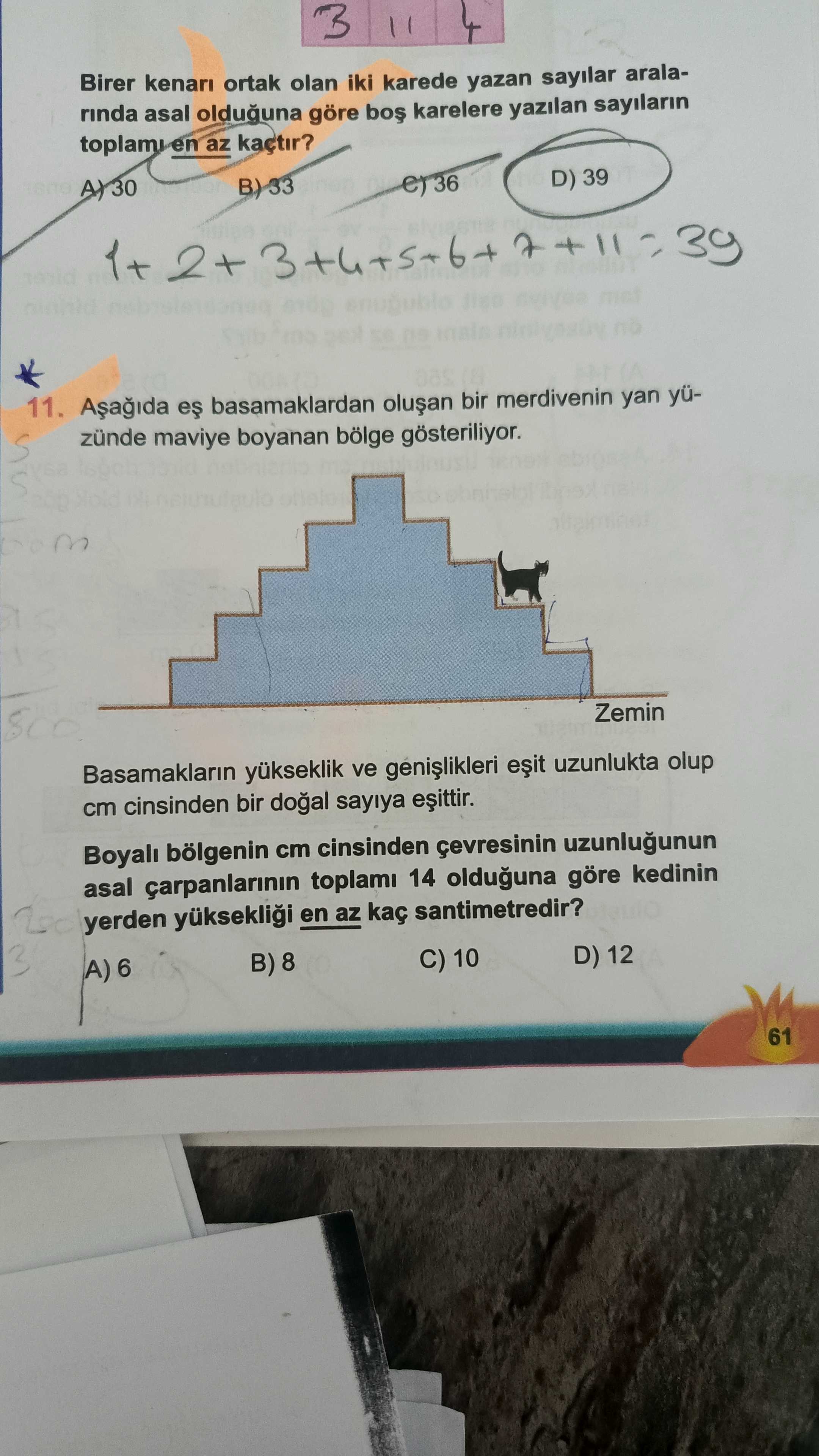 Aşağıda eş basamaklardan oluşan bir merdivenin yan yüzünde maviye boyanan bölge gösteriliyor