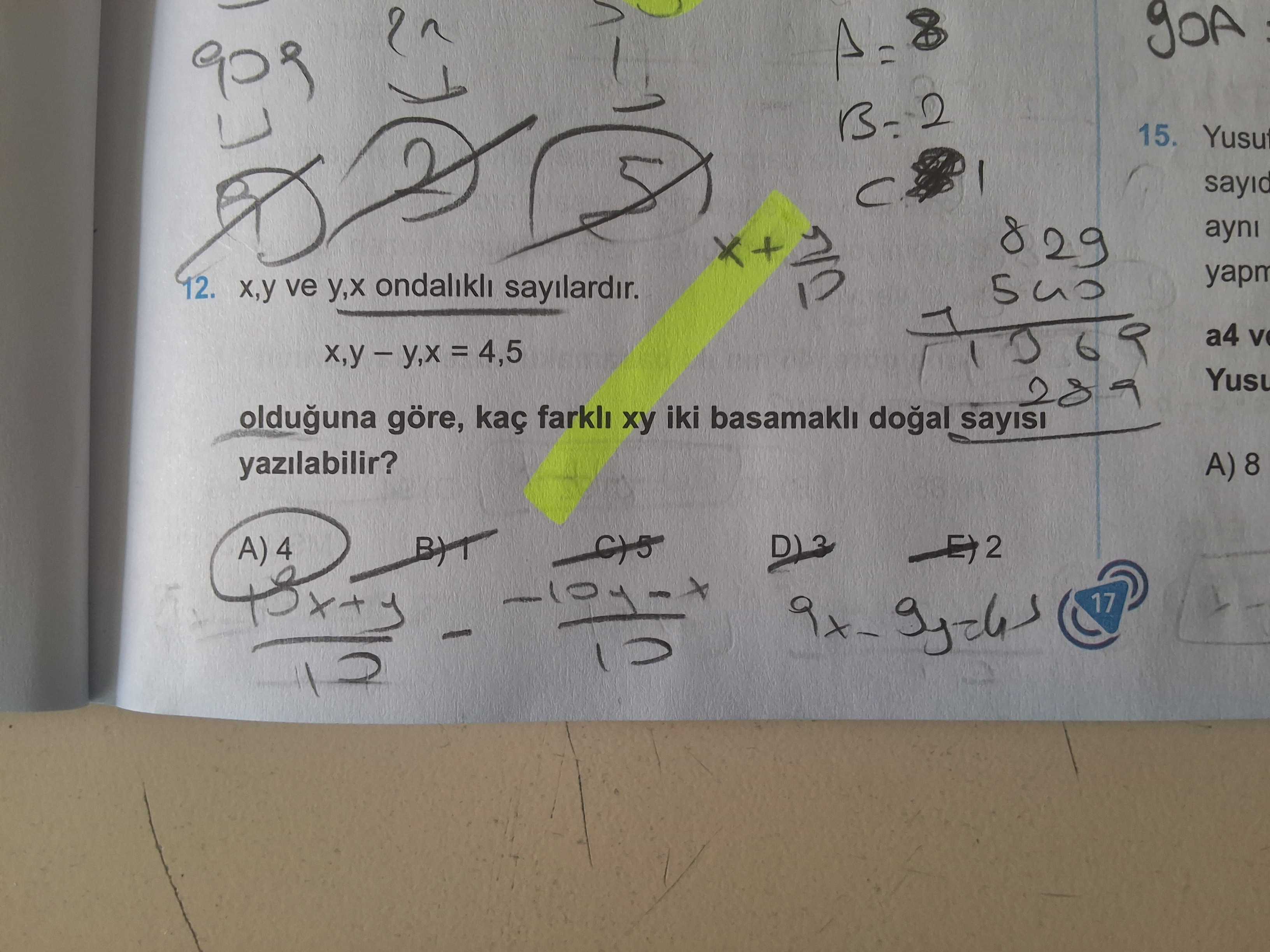 x,y ve y,x ondalıklı sayılardır. x,y − y,x = 4,5 olduğuna göre, kaç farklı xy iki basamaklı doğal