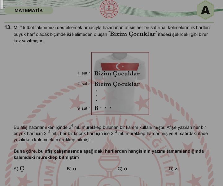 Millî futbol takımımızı desteklemek amacıyla hazırlanan afişin her bir satırına, kelimelerin ilk