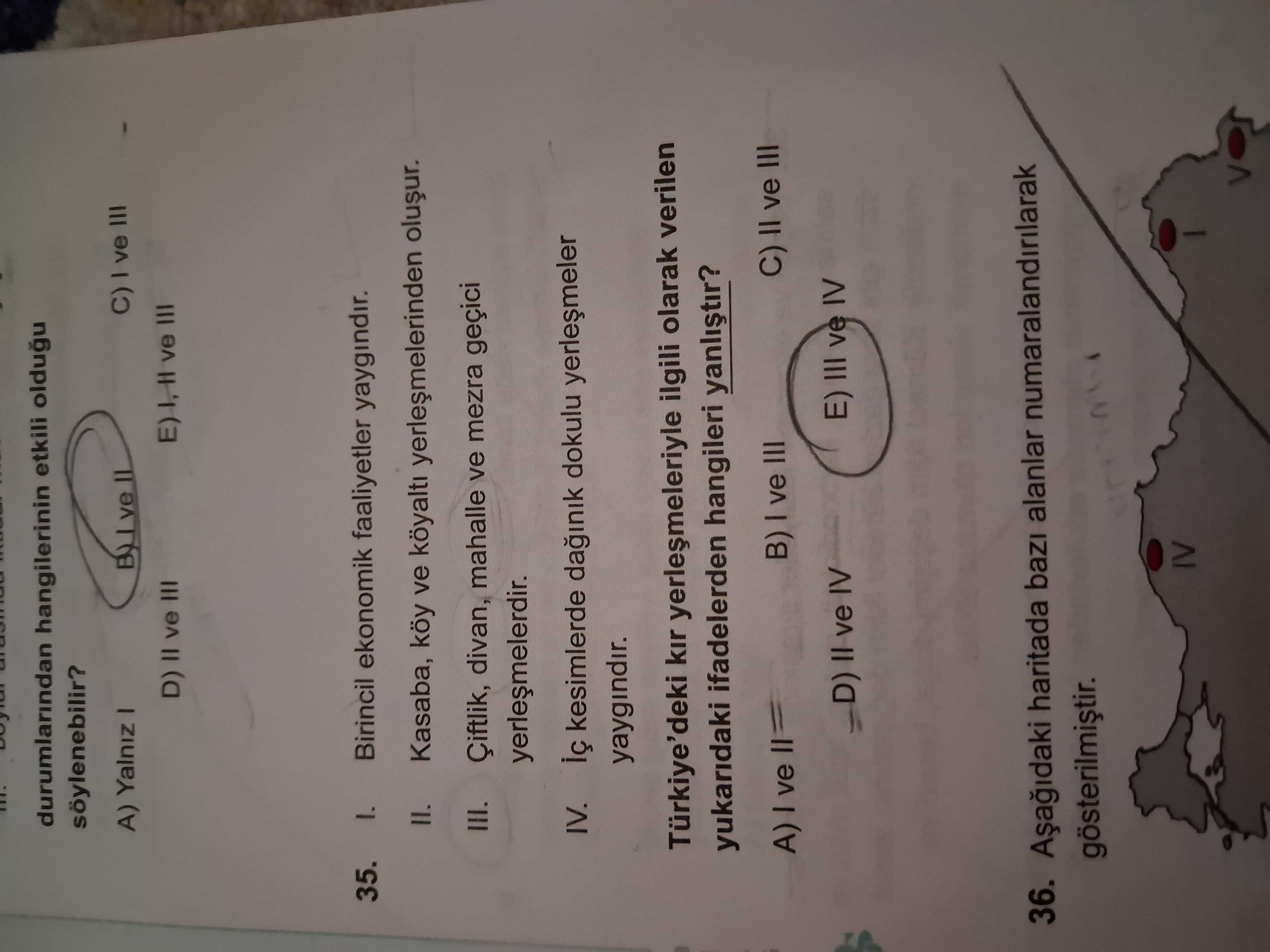 I. Birincil ekonomik faaliyetler yaygındır. II. Kasaba, köy ve köyaltı yerleşmelerinden oluşur. III