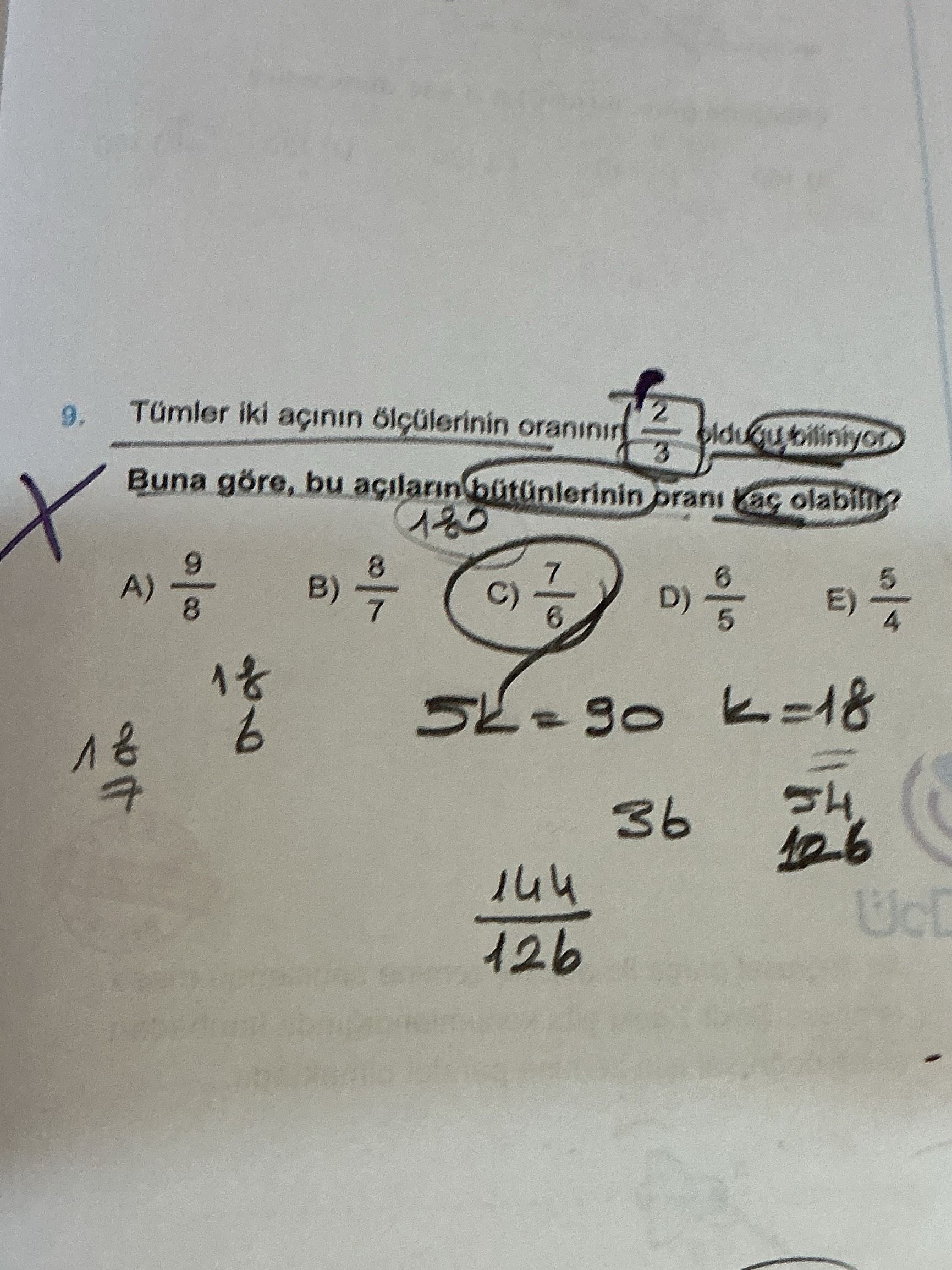 Tümler iki açının ölçülerinin oranının 2/3 olduğu biliniyor. Buna göre, bu açıların bütünlerinin