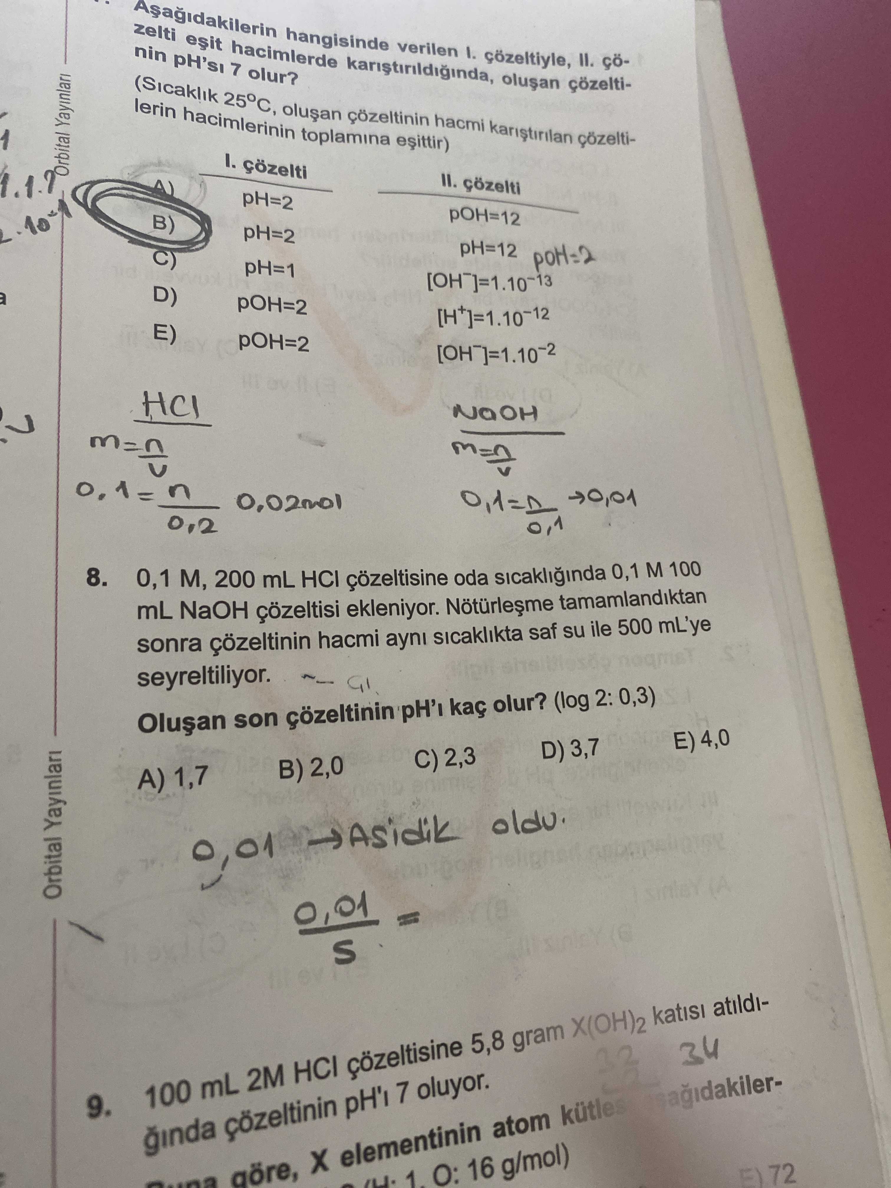 0,1 M, 200 mL HCl çözeltisine oda sıcaklığında 0,1 M 100 mL NaOH çözeltisi ekleniyor. Nötürleşme