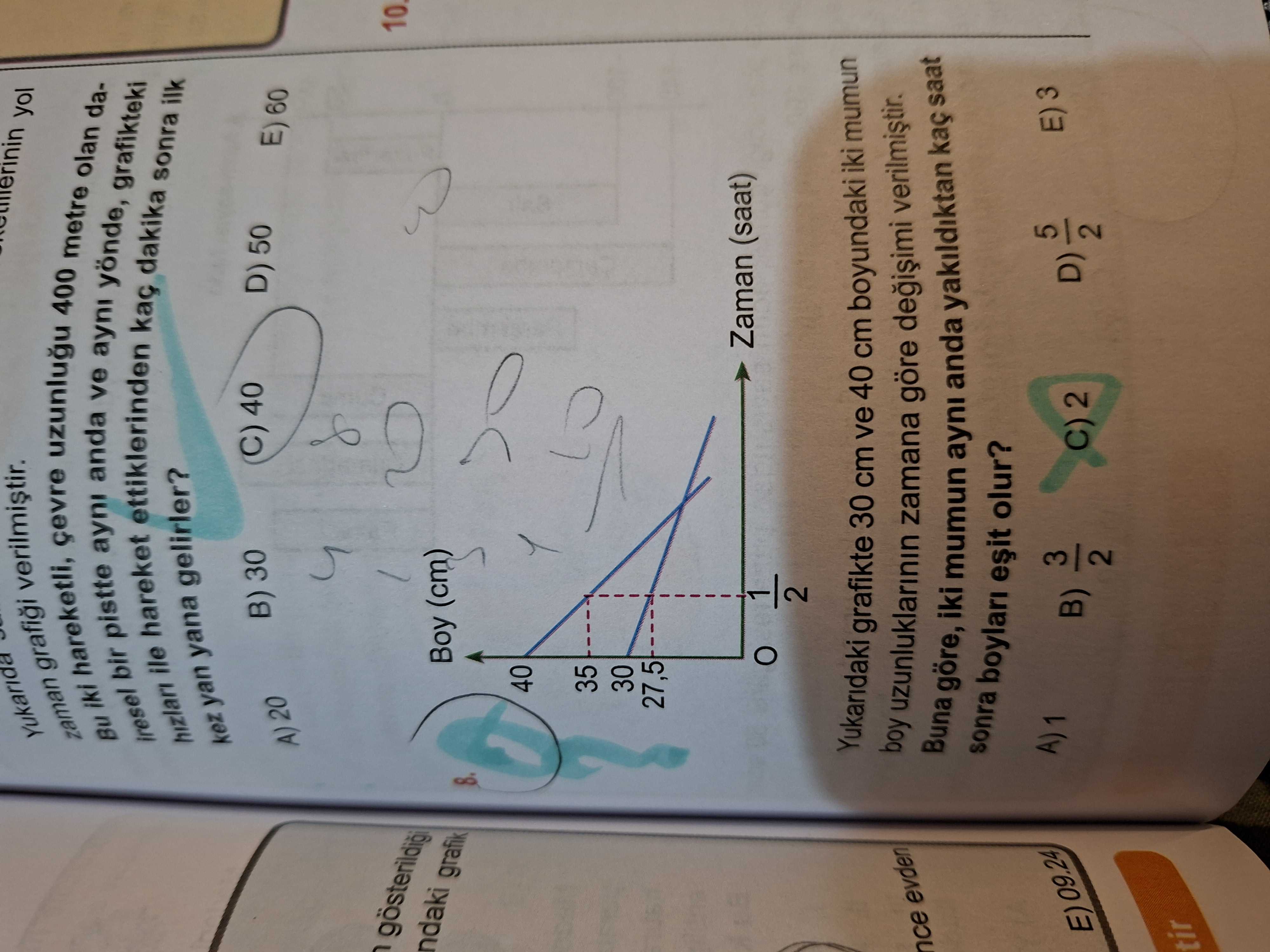 Yukarıdaki grafikte 30 cm ve 40 cm boyundaki iki mumun boy uzunluklarının zamana göre değişimi