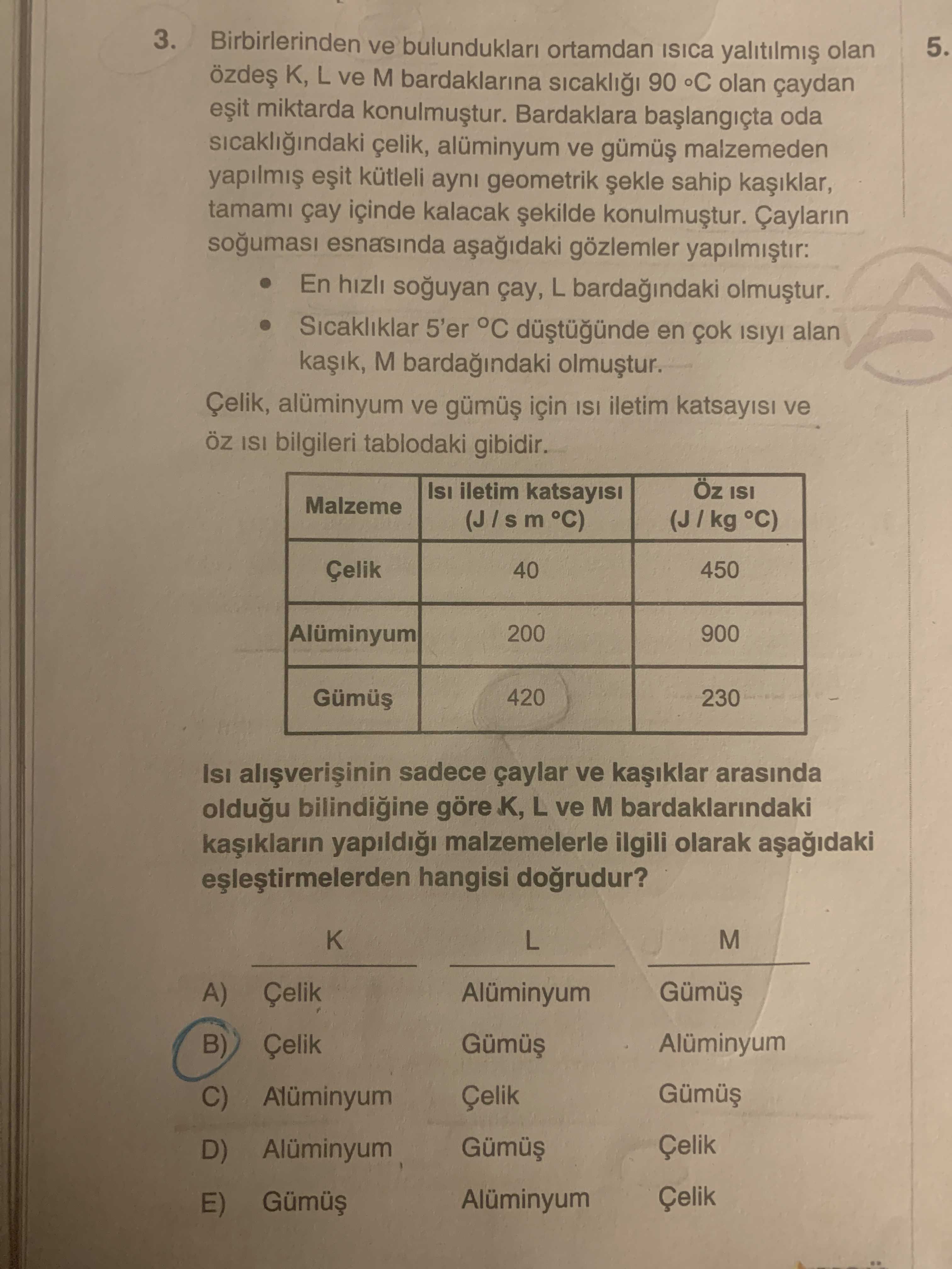 Birbirlerinden ve bulundukları ortamdan ısıca yalıtılmış olan özdeş K, L ve M bardaklarına sıcaklığı