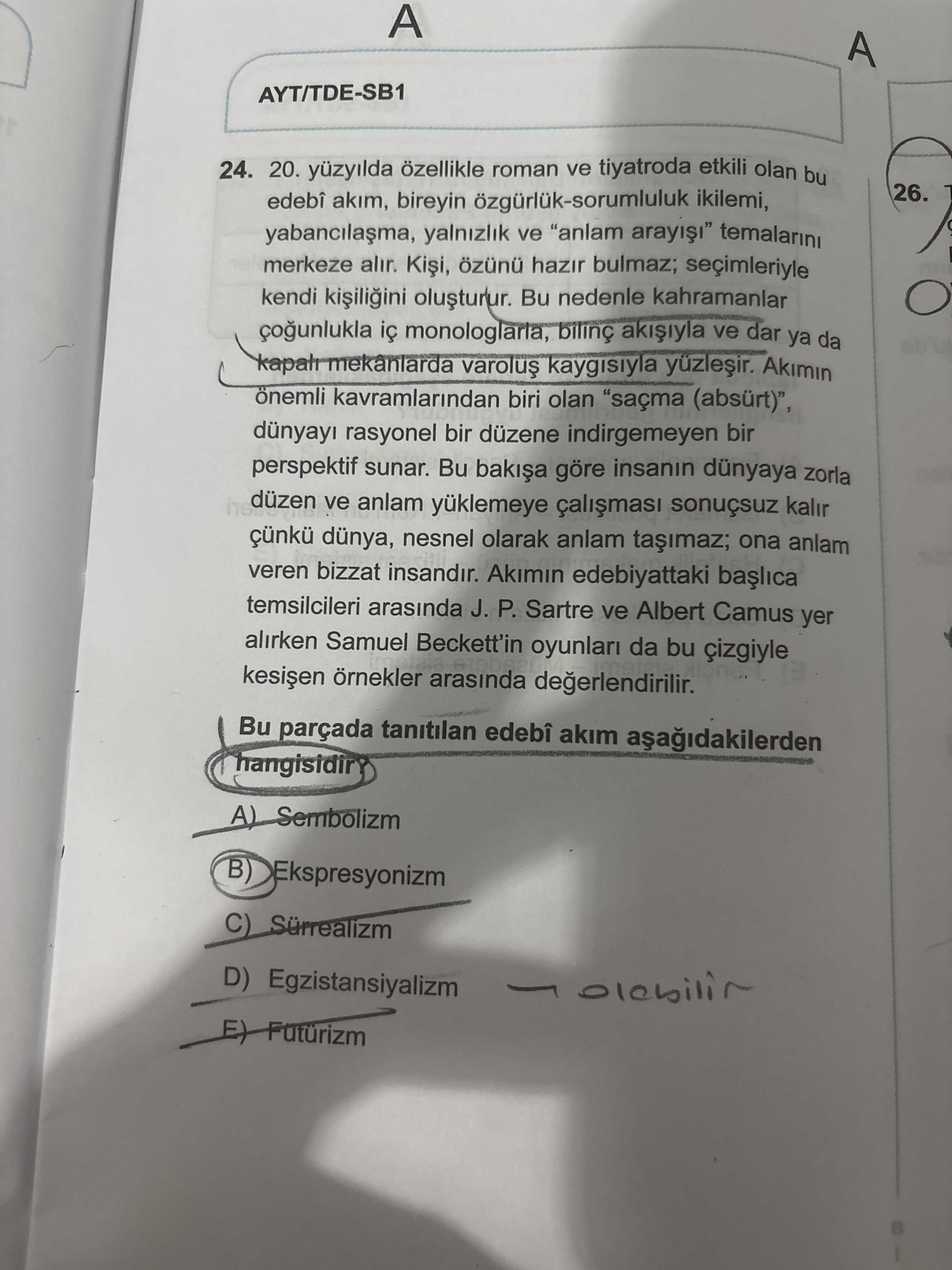 yüzyılda özellikle roman ve tiyatroda etkili olan bu edebî akım, bireyin özgürlük-sorumluluk