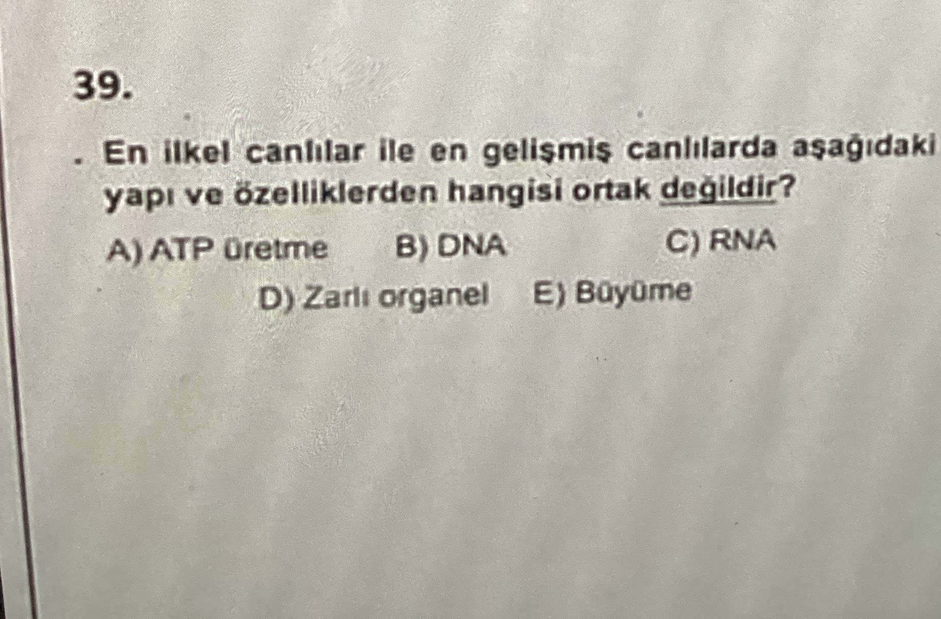 En ilkel canlılar ile en gelişmiş canlılarda aşağıdaki yapı ve özelliklerden hangisi ortak değildir?