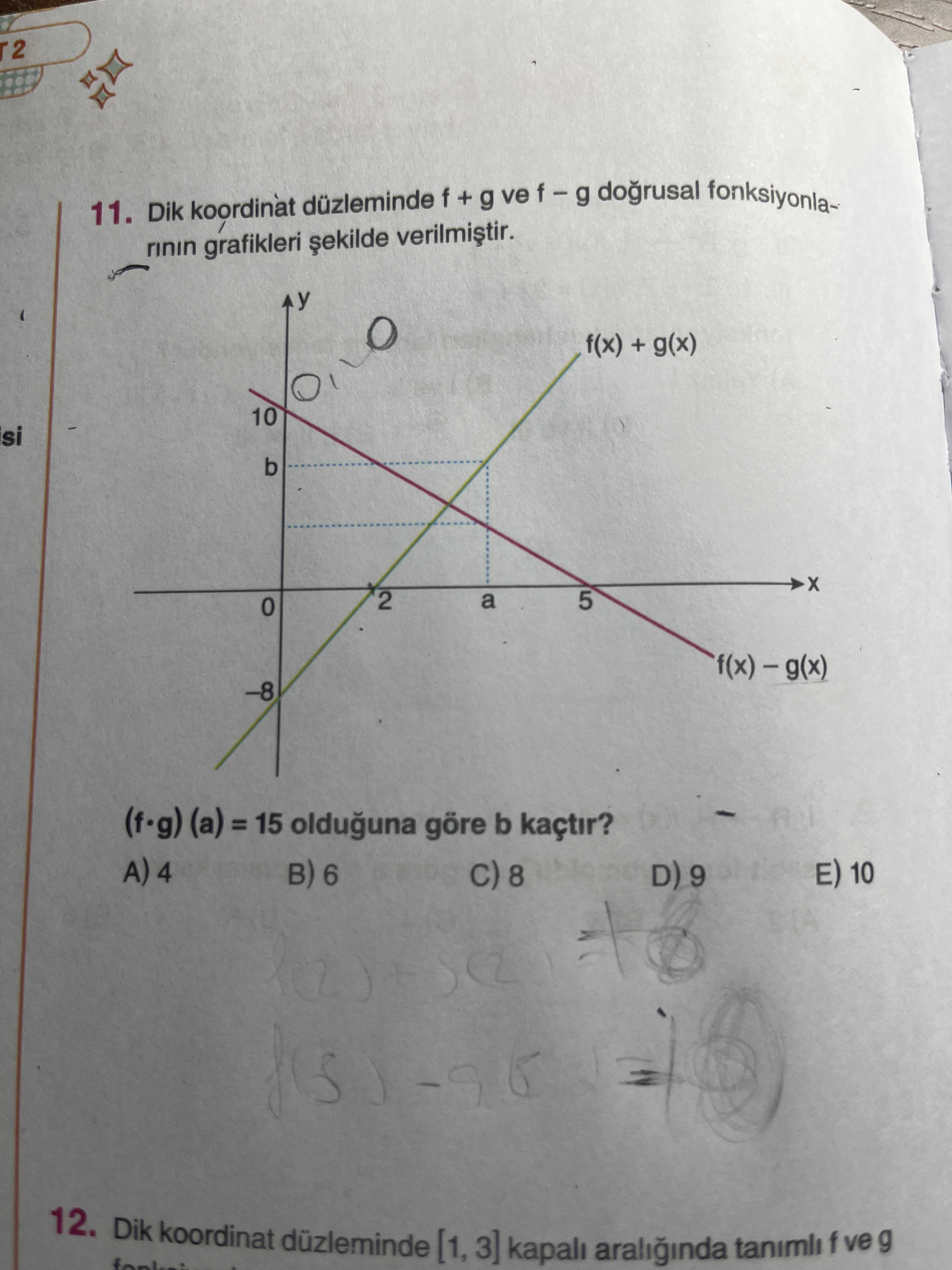 2 11. Dik koordinat f + g ve f g dogrusal fonksiyonlarinin grafikleri f(x) + g(x) 10 si b 2 a 5 0 8 (a) olduguna göre b kaçtir. A) 4 6 8 D) 9 E) 10 to 12. Dik koordinat düzleminde [1, kapali f ve g 2 11. Dik koordinat düzleminde [1, kapali f ve g. ?? Model.Question.title
