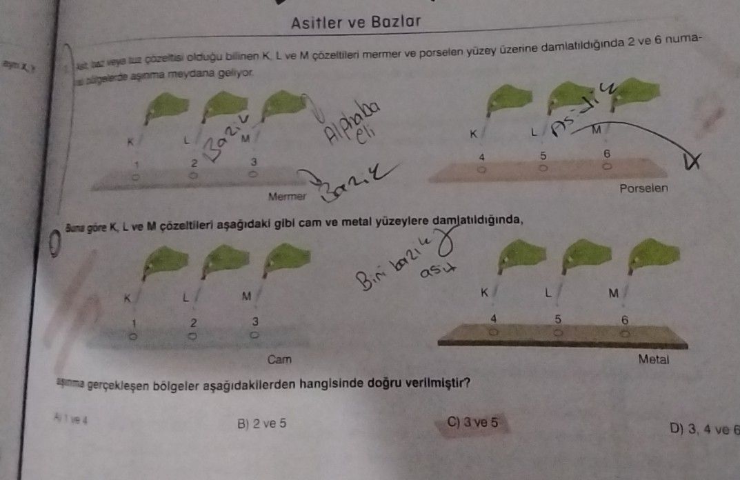 Asitler ve Bazlar ... saf veya saf çözeltisi olduğu bilinen K, L ve M çözeltileri mermer ve porselcn