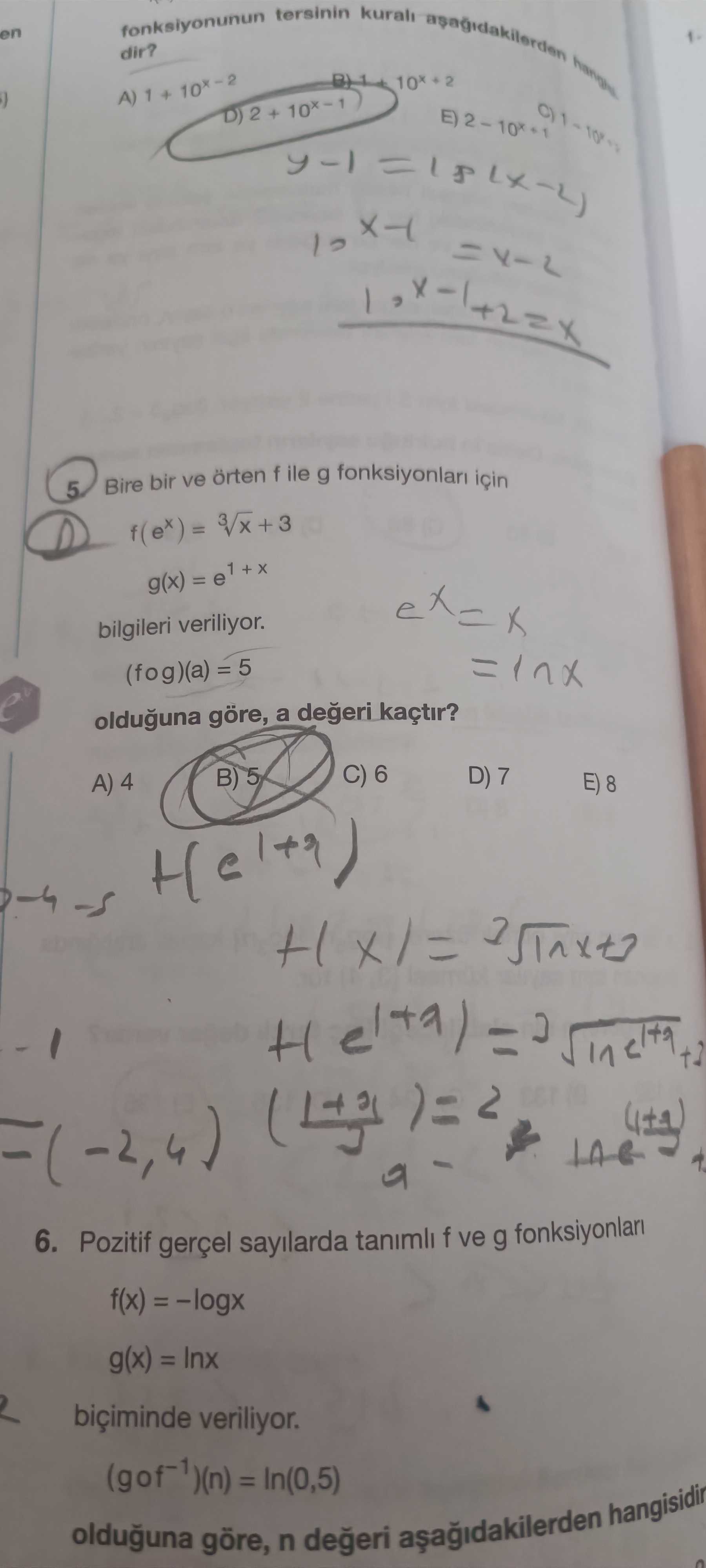 Bire bir ve örten f ile g fonksiyonları için f(eˣ) = ³√x + 3 g(x) = e¹⁺ˣ bilgileri veriliyor. (f o
