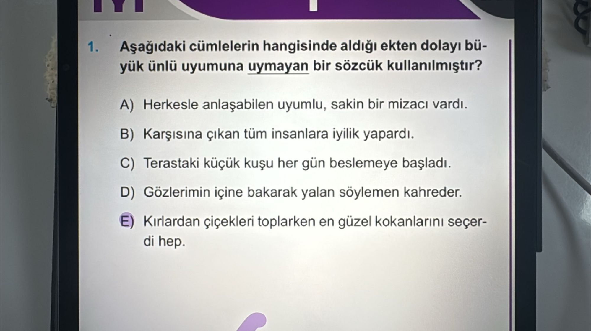 Aşağıdaki cümlelerin hangisinde aldığı ekten dolayı büyük ünlü uyumuna uymayan bir sözcük