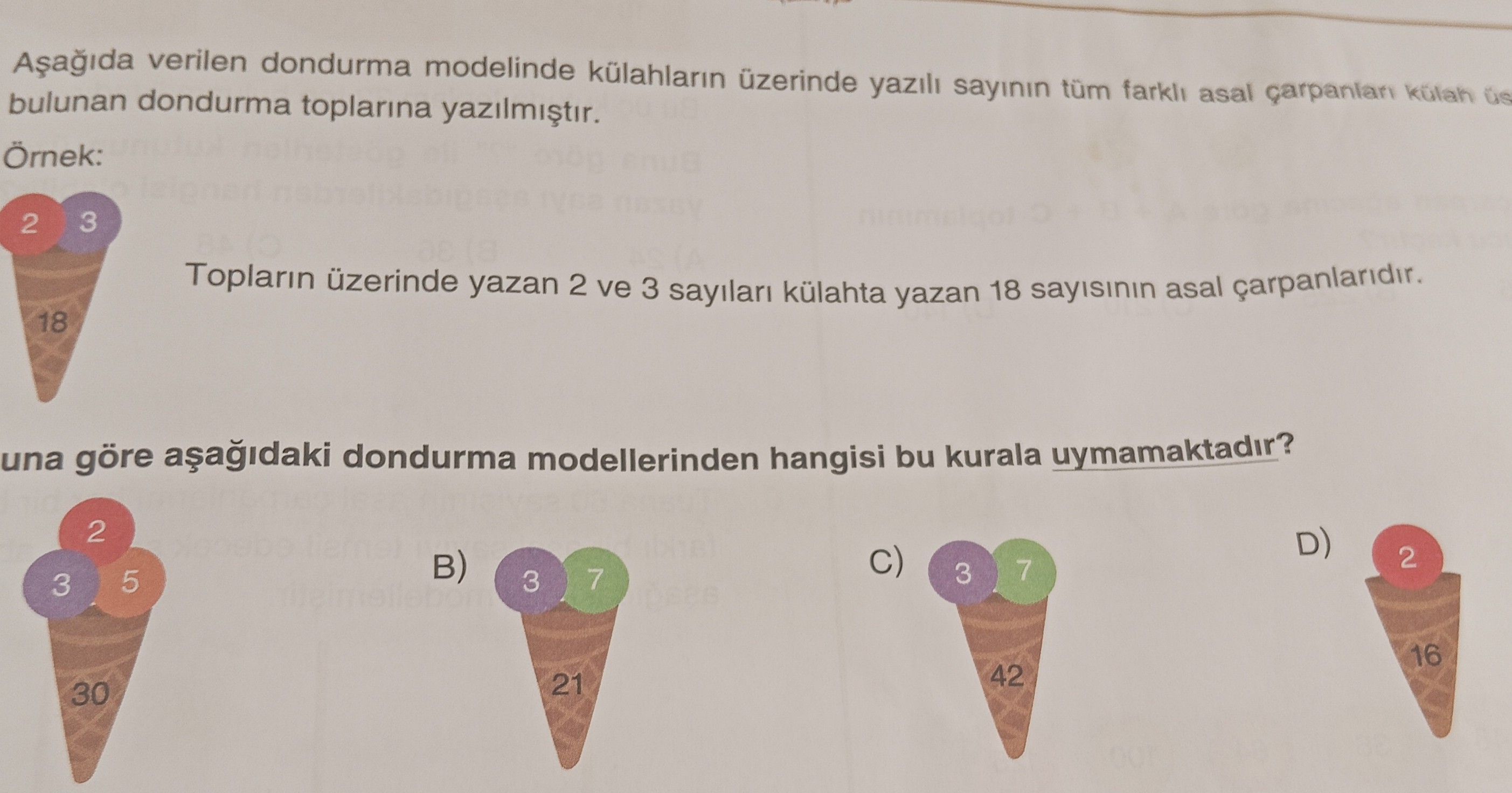 Aşağıda verilen dondurma modelinde külahların üzerinde yazılı sayının tüm farklı asal çarpanları