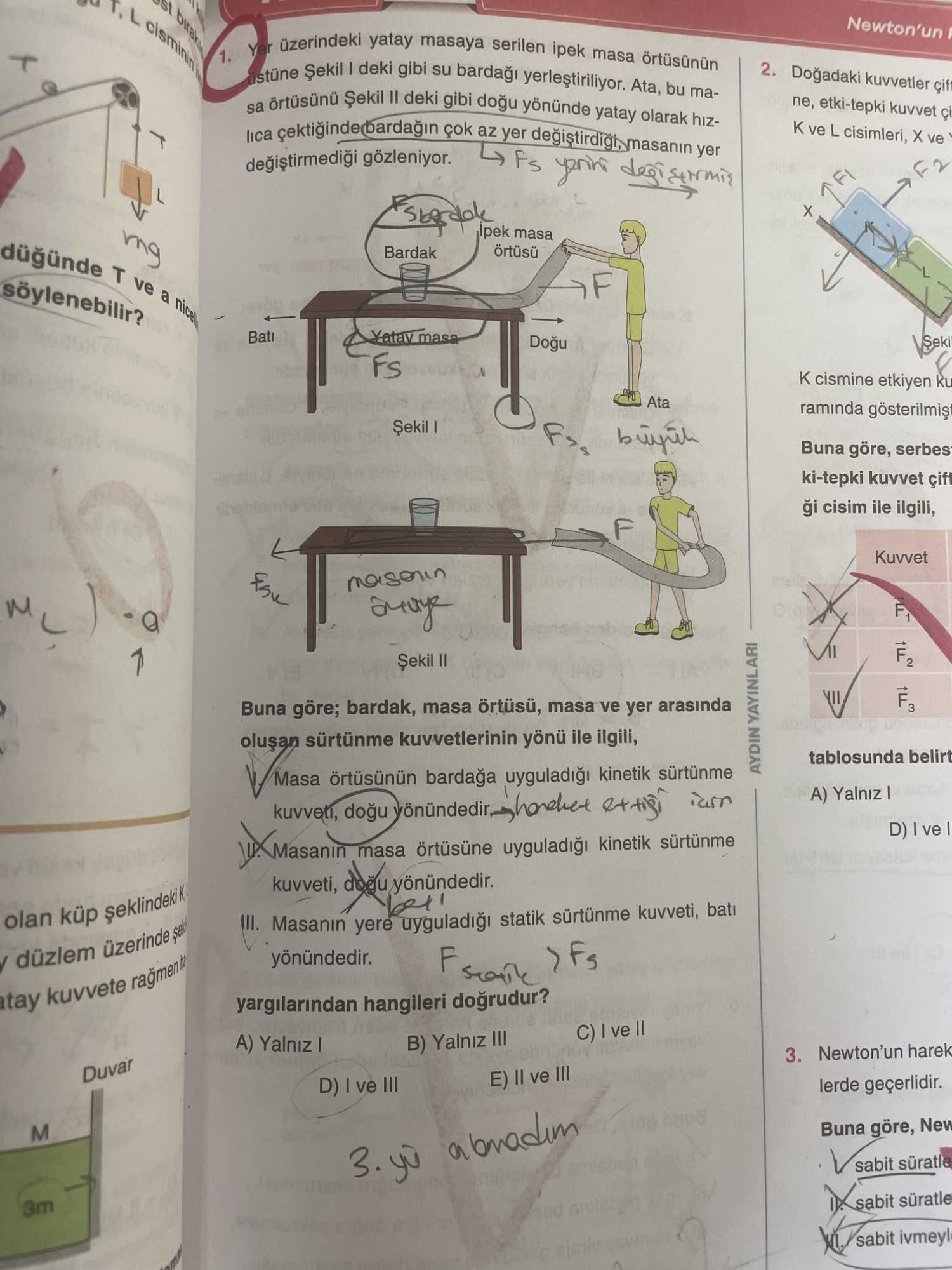 Yer üzerindeki yatay masaya serilen ipek masa örtüsünün üstüne Şekil I deki gibi su bardağı