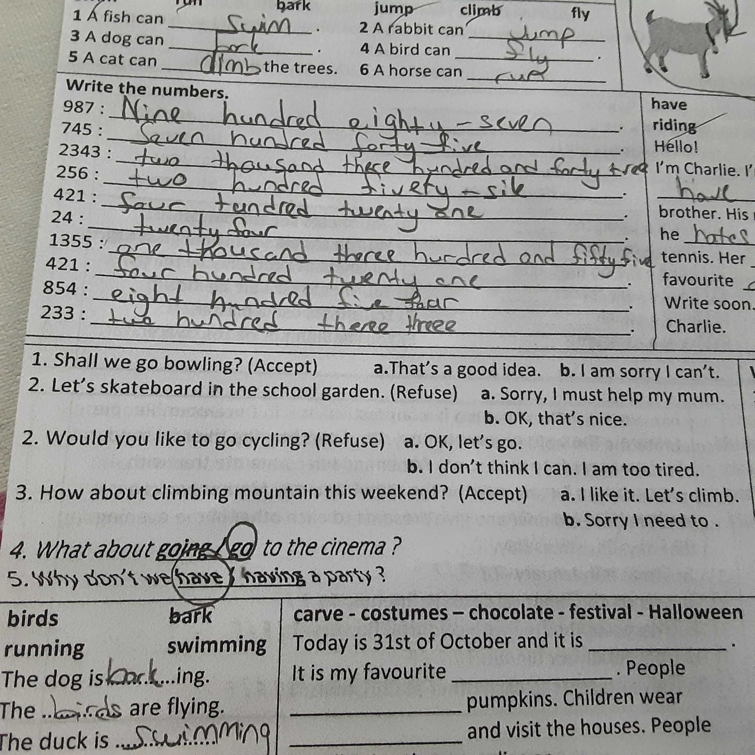 1 A fish can swim. 2 A rabbit can jump. 3 A dog can bark. 4 A bird can fly. 5 A cat can climb the