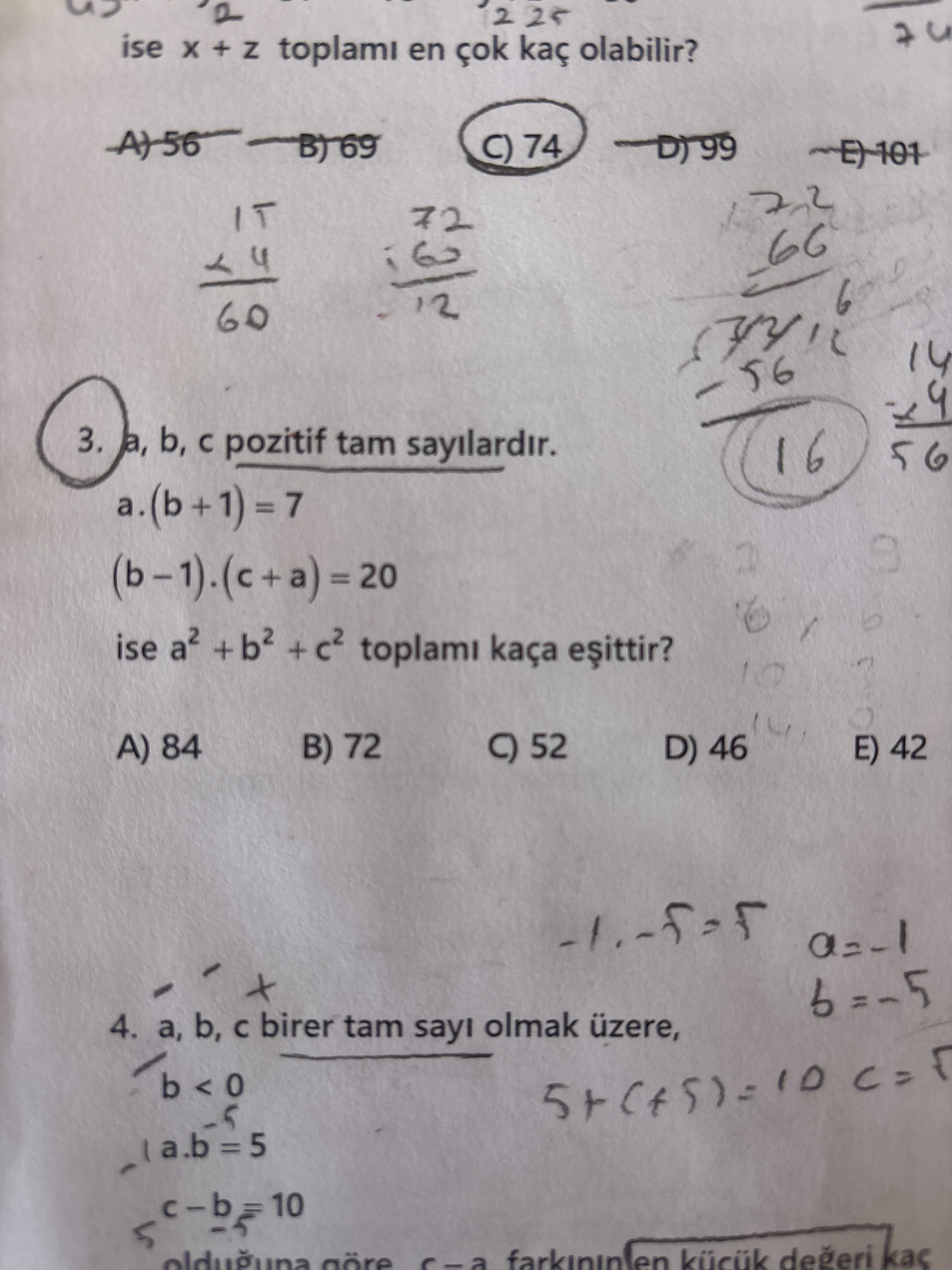 a, b, c pozitif tam sayılardır. a.(b + 1) = 7 (b − 1).(c + a) = 20 ise a² + b² + c² toplamı kaça