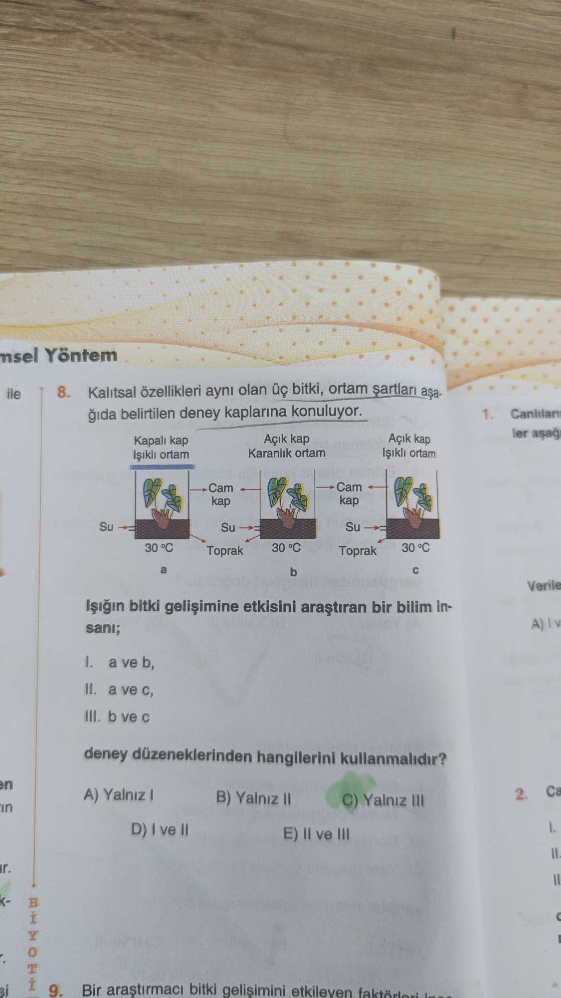 Kalıtsal özellikleri aynı olan üç bitki, ortam şartları aşağıda belirtilen deney kaplarına