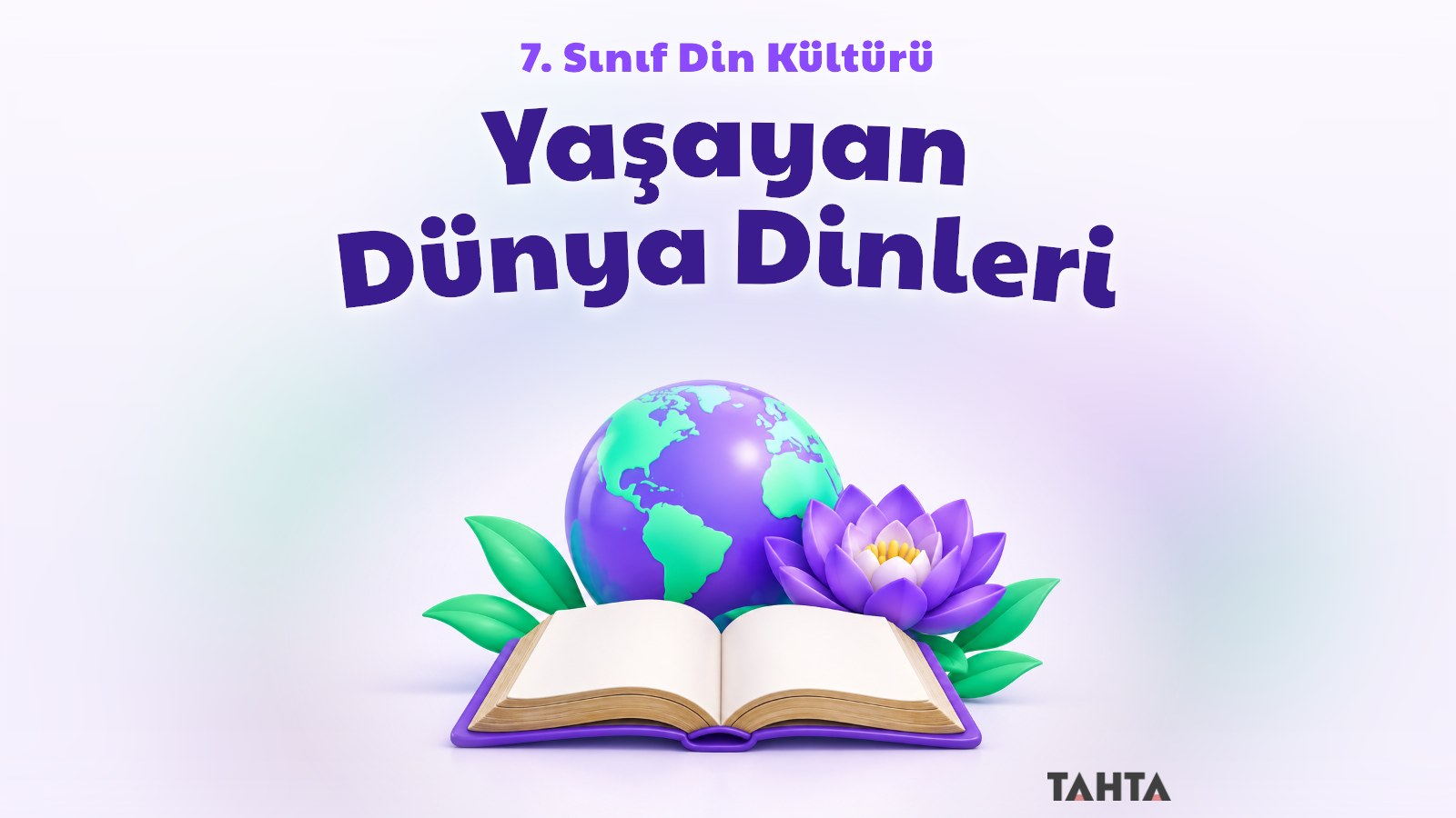 Yaşayan dünya dinleri konusunu simgeleyen dünya küresi, açık kitap ve lotus çiçeği
