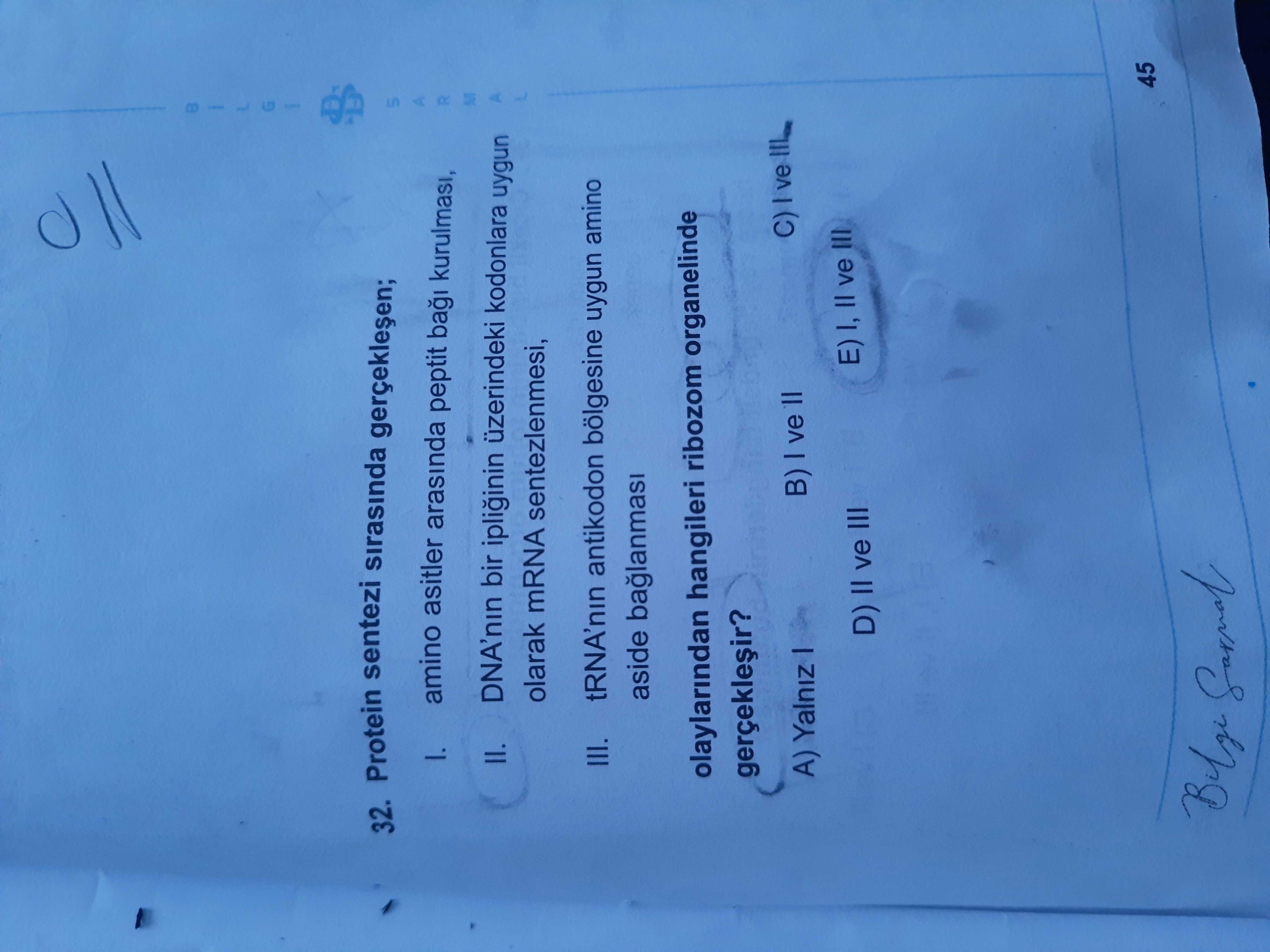 Protein sentezi sırasında gerçekleşen; I. amino asitler arasında peptit bağı kurulması, II. DNA'nın