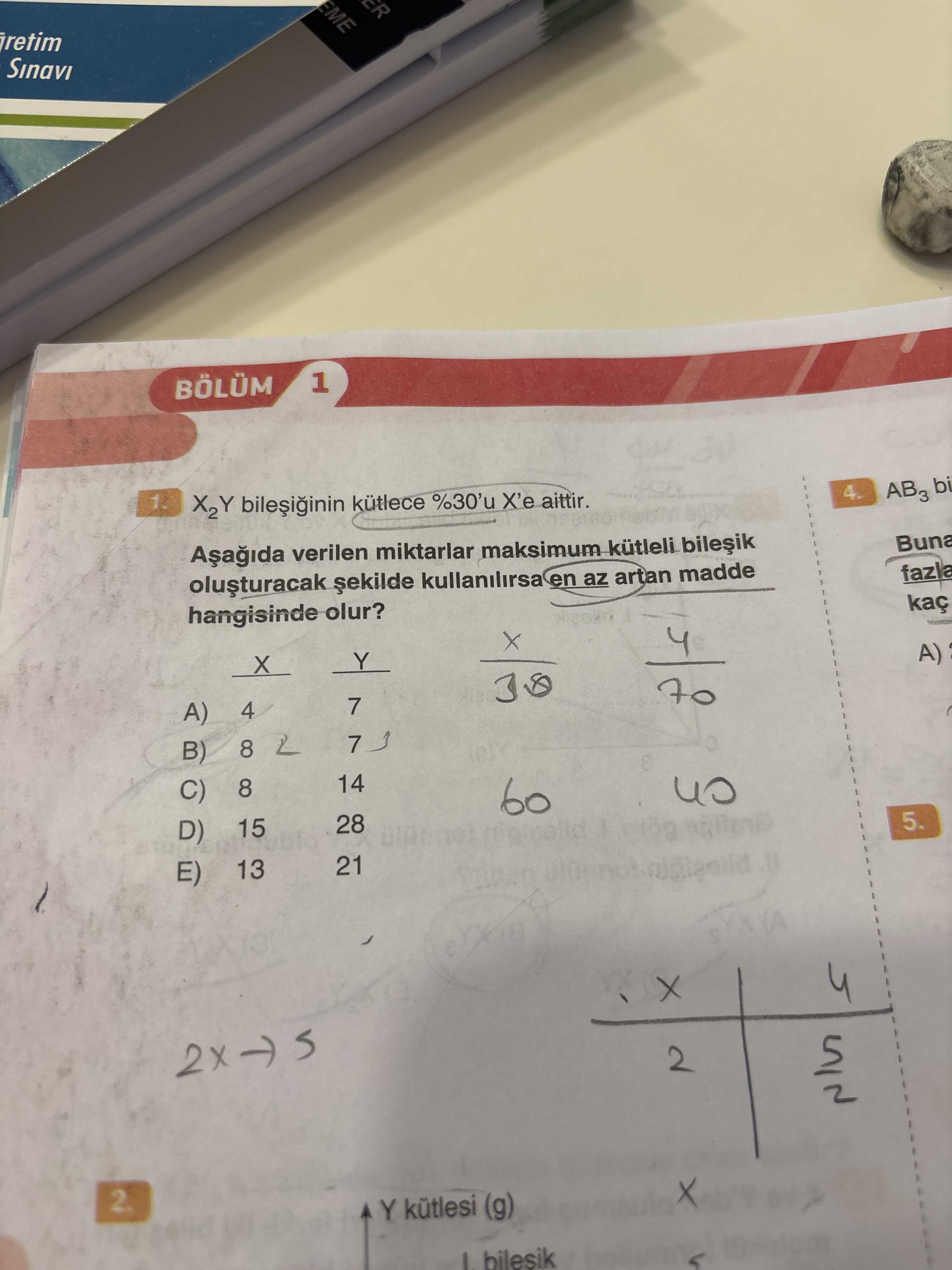 X₂Y bileşiğinin kütlece %30'u X'e aittir. Aşağıda verilen miktarlar maksimum kütleli bileşik