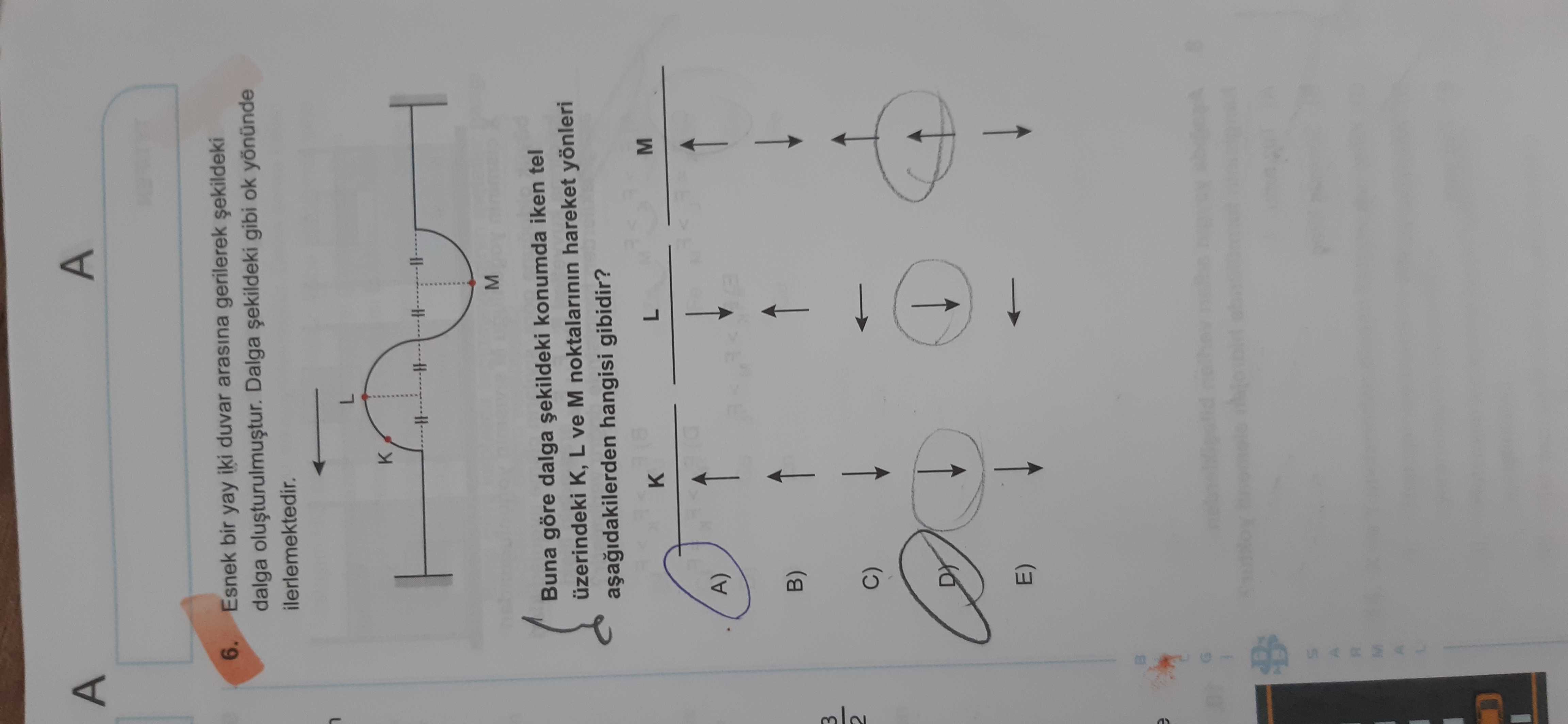 Esnek bir yay iki duvar arasına gerilerek şekildeki dalga oluşturulmuştur. Dalga şekildeki gibi ok