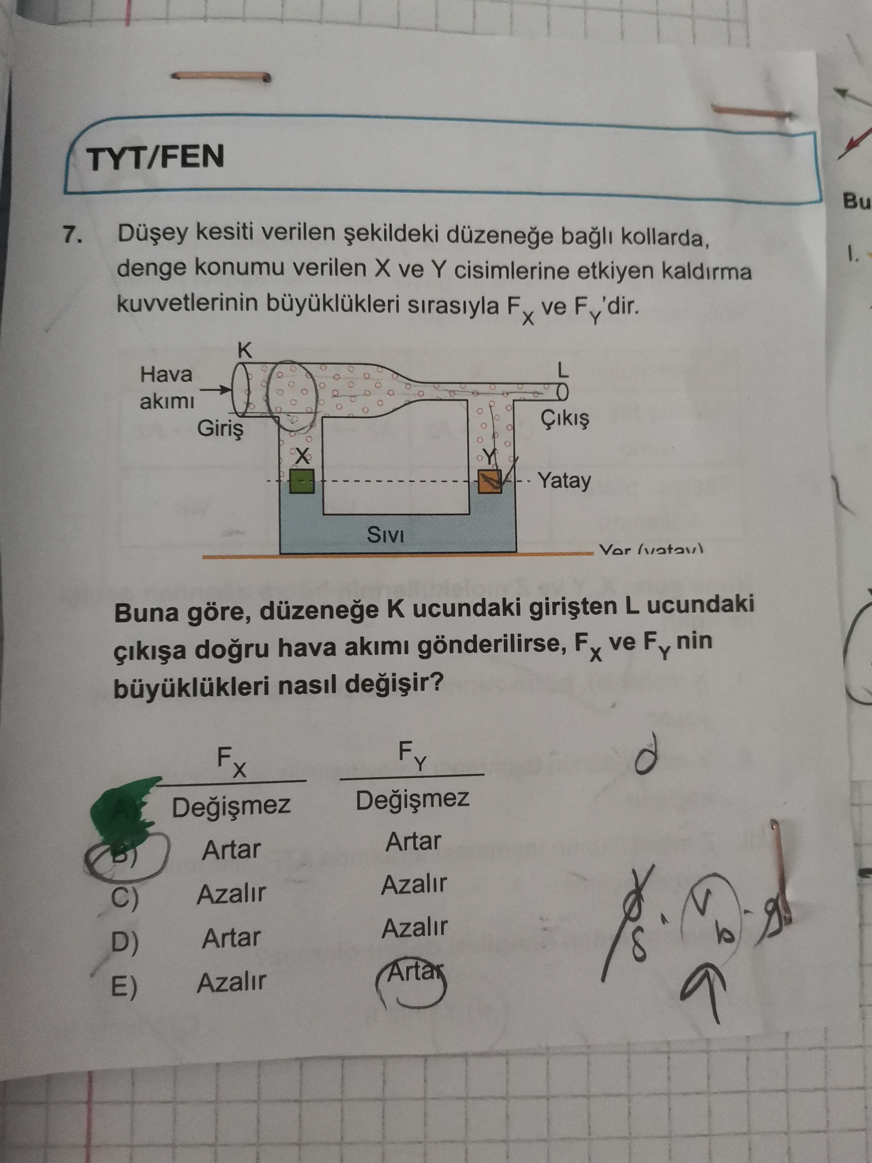 Düşey kesiti verilen şekildeki düzeneğe bağlı kollarda, denge konumu verilen X ve Y cisimlerine