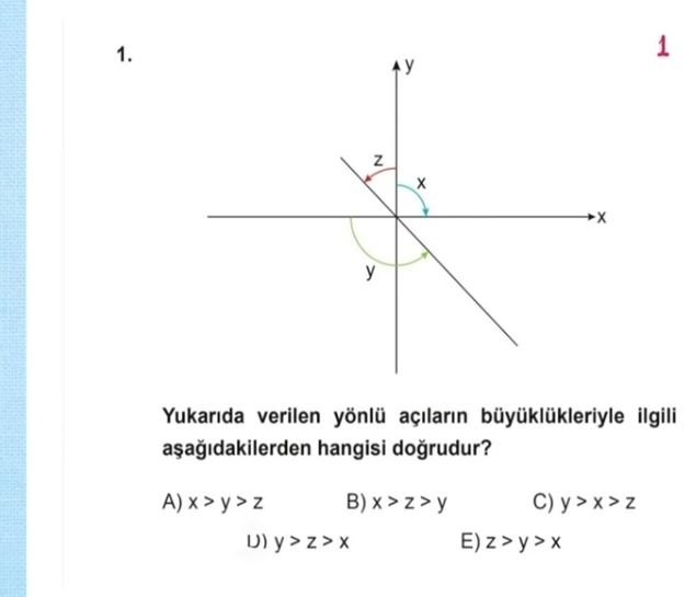 Yukarıda verilen yönlü açıların büyüklükleriyle ilgili aşağıdakilerden hangisi doğrudur?